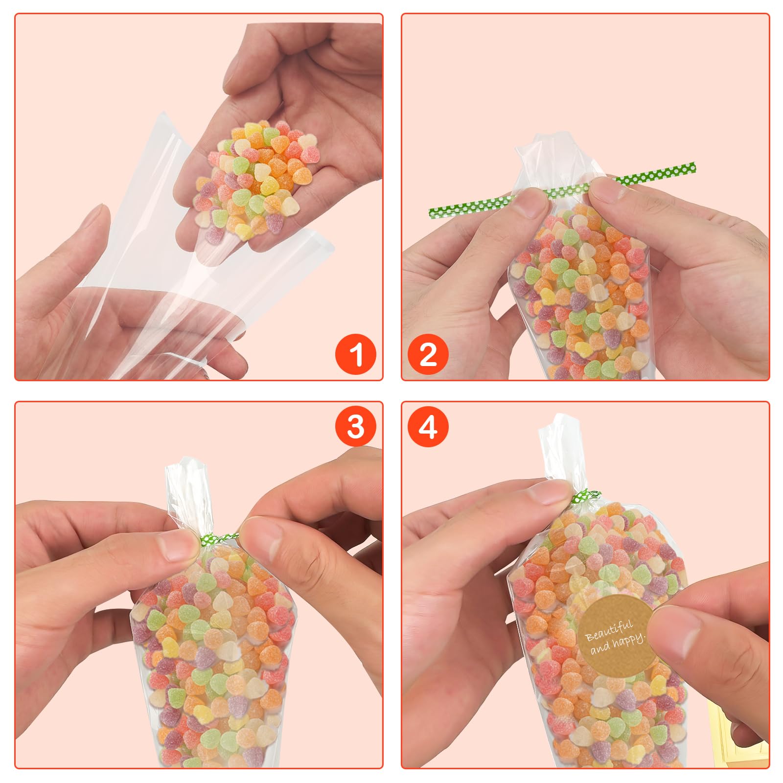 300 Pezzi Sacchetti Cellophane, 13 x 25 cm/16 x 30 cm Borsa a Cono Trasparente, Sacchetti di Cellophane Caramelle, per Regali Natale Matrimonio Compleanno (incl. Etichette Adesive Rotonde e Fascette