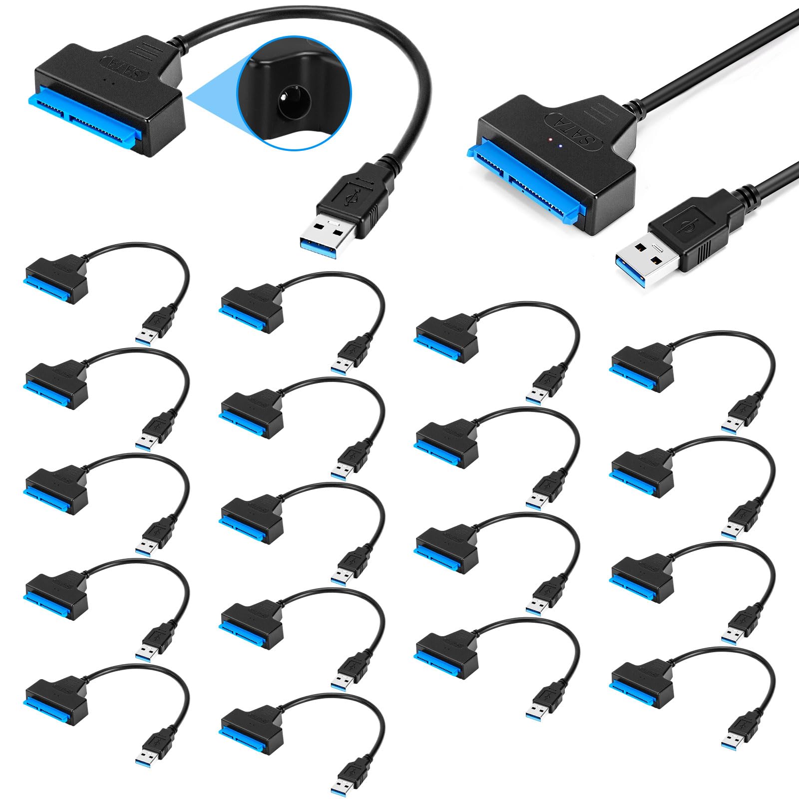 Confezione da 20 cavi adattatori da USB 3.0 a SATA, supporta Ssd/HDD da 2,5 ″ 3,5 ″ con porta di alimentazione CC, velocità veloce da SATA a disco rigido USB, strumento di trasferimento e