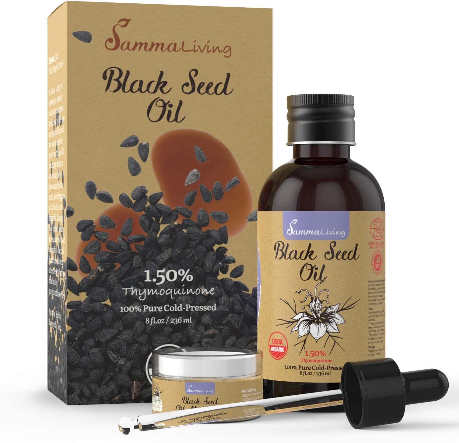 USDA Organic Black Seed Oil Liquid | 1.5% Thymoquinone | Cold Pressed | Unrefined | with Full Size Dropper and 1oz Moisturizer | Raw Nigella Sativa | 8oz Glass Bottle