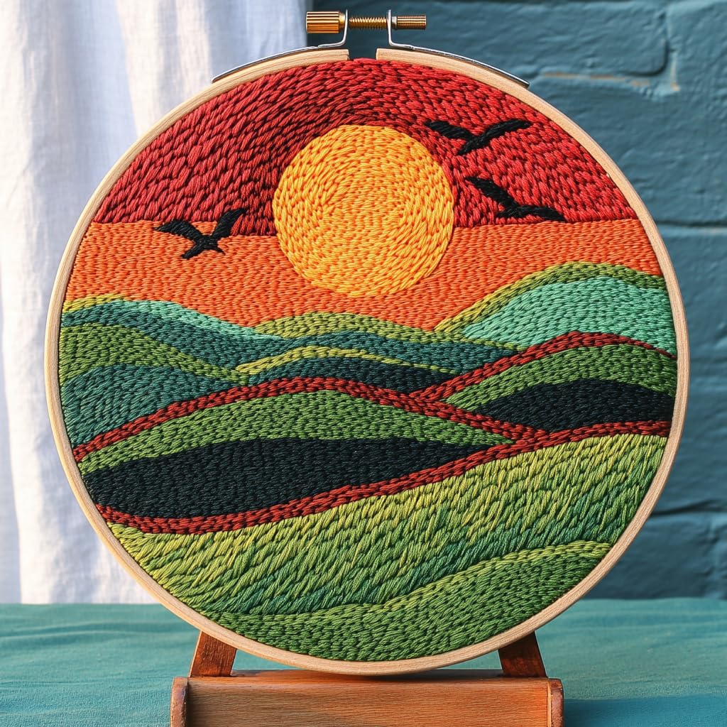 DIY Punch Needle Kits Landscape Sunrise with Hoop 20x20cm-5