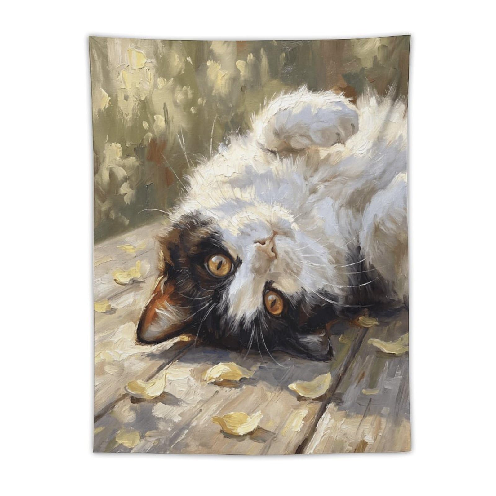 W7C8U2X3 Upside Down Tuxedo Cat Wall Tapestry, Realistic Illustration, Bed