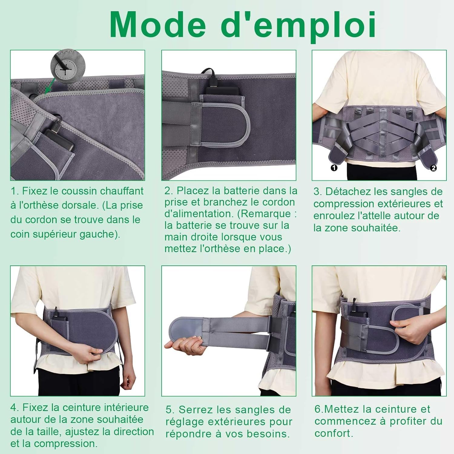 HONGJING Ceinture Lombaire Chauffante pour Soulagement des Douleurs, avec 7 Barres Métalliques et Batterie Rechargeable de 5000mAh, pour Hernies Discales et Scoliose(L)