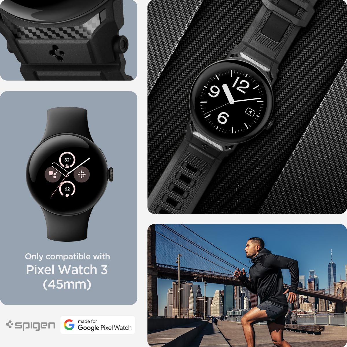Spigen Rugged Band Strap Compatible with Google Pixel Watch 4/3/ 45mm (2025/2024) - Matte Black, 45 millimeters - Image 2