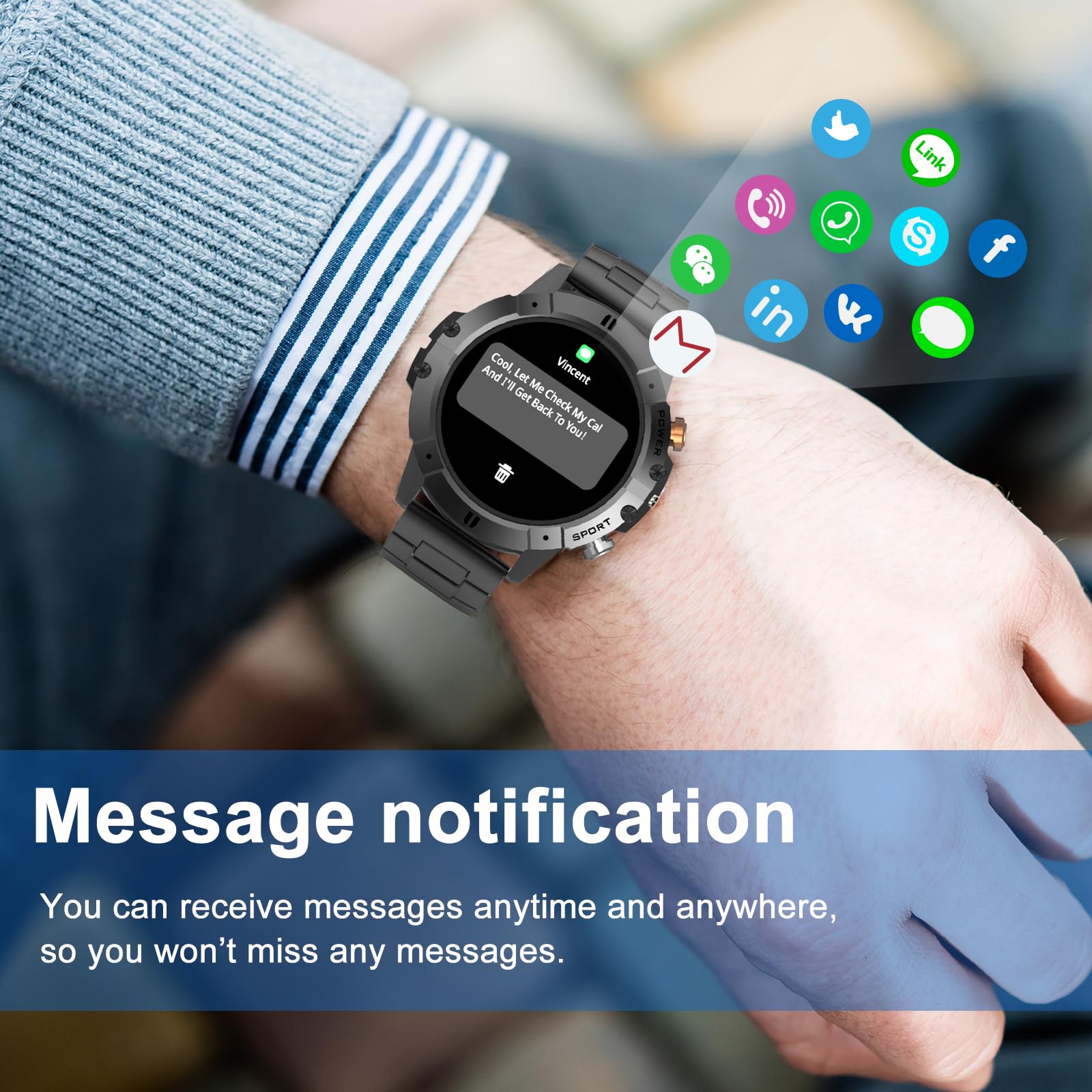 Military orologio Smartwatch Uomo con Effettua/Risponde Chiamate , 1.52" rotondo Fitness Tracker con 120+ Modalità Sport,Ai,1ATM,Notifiche WhatsApp,smart watch con cinturino in metallo per iOS Android