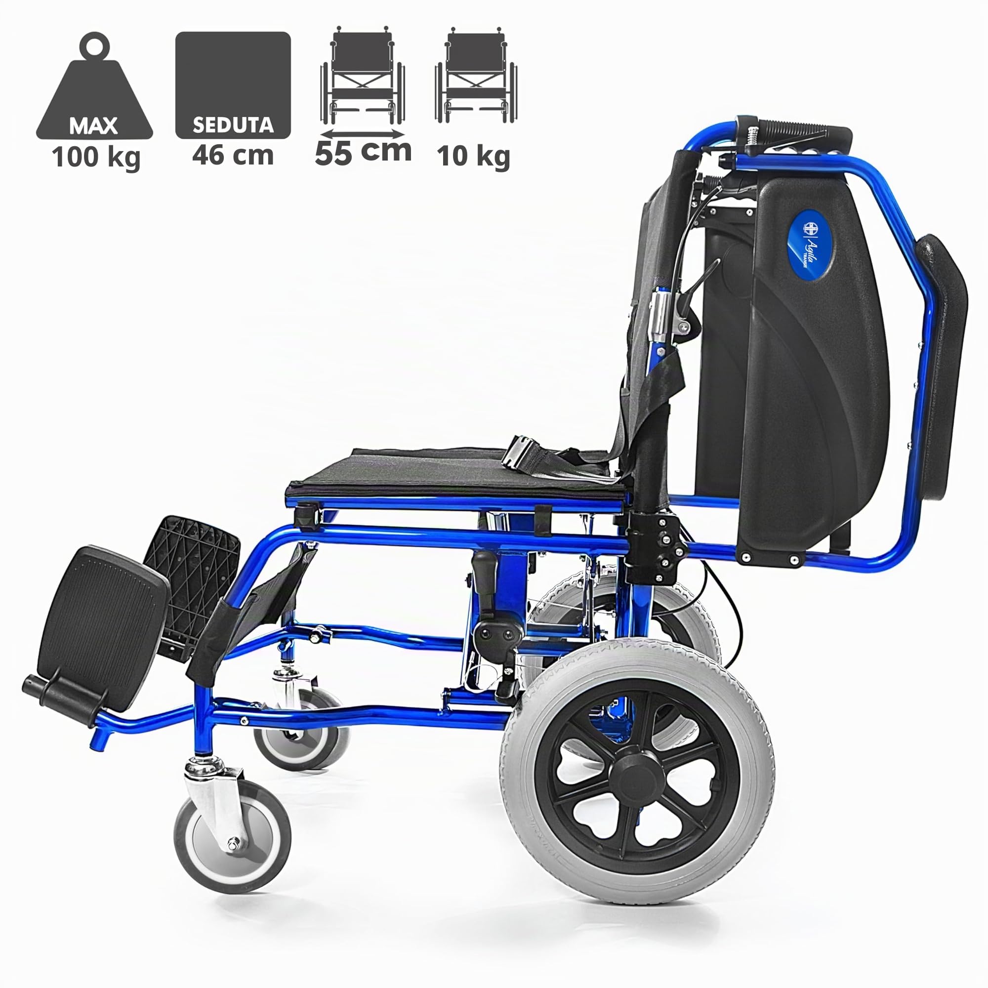 AIESI® Sedia a Rotelle pieghevole super-leggera da transito in alluminio con freno per disabili ed anziani AGILA TRANSIT, Doppio sistema di frenata, Cintura di sicurezza, Garanzia Italia 24 mesi