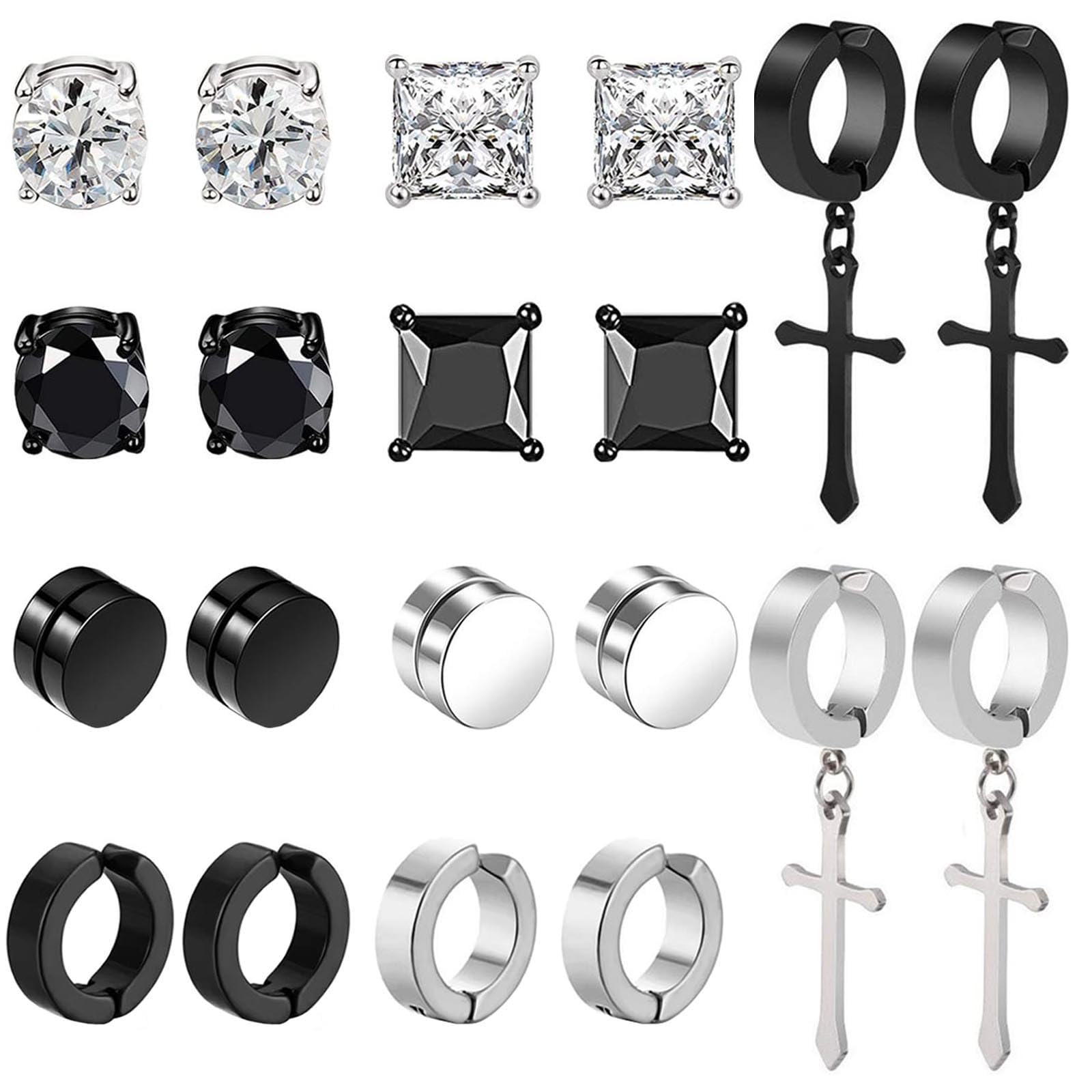 VELESAY 10Pares Pendientes Magnéticos de Acero Inoxidable Aros Imán Hombre Pendientes Clip Negro Pendiente CZ Mujer Pendientes Sin Agujero Falsos Pendiente Clip Non Piercing