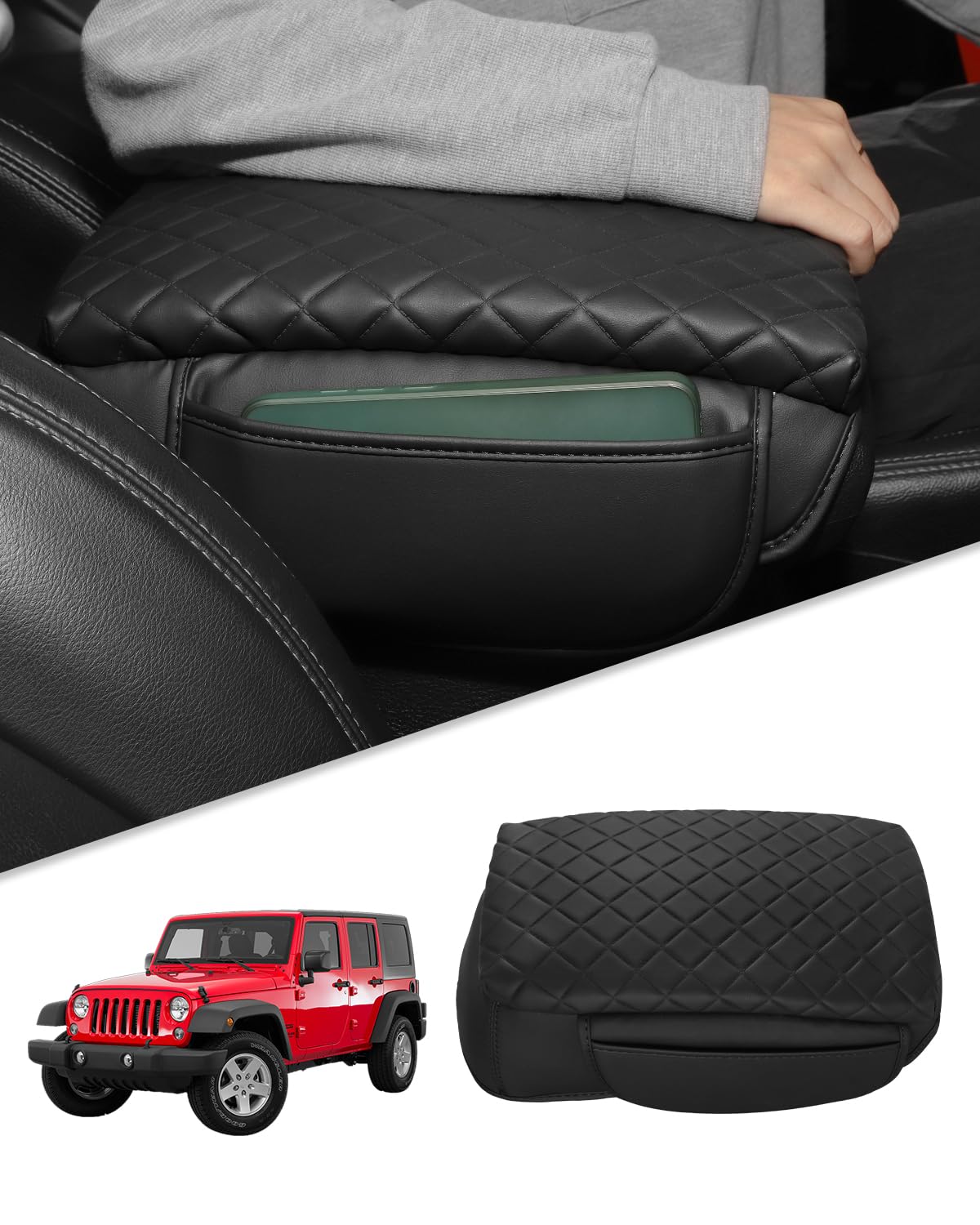 Für Jeep Wrangler JK JKU 2011–2017 Mittelkonsole Abdeckung Armlehne Abdeckung Jeep Zubehör Armlehne Pad Konsole Kissen Deckel Schwarz Leder mit Taschen
