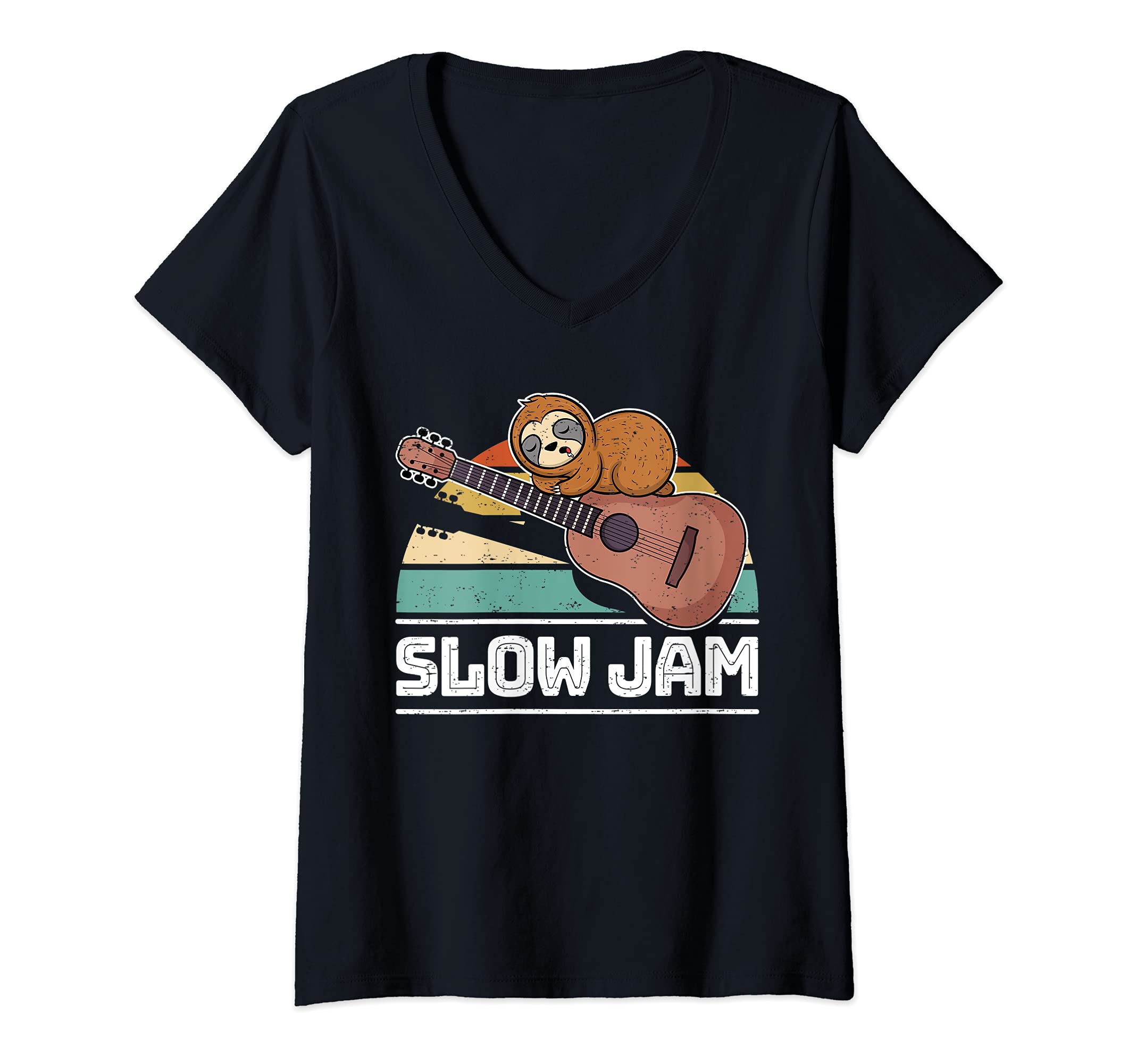 Womens Guitar Player Saying Guitarist I Sloth Cute Animal Slow Jam V-Neck T-Shirt, Black