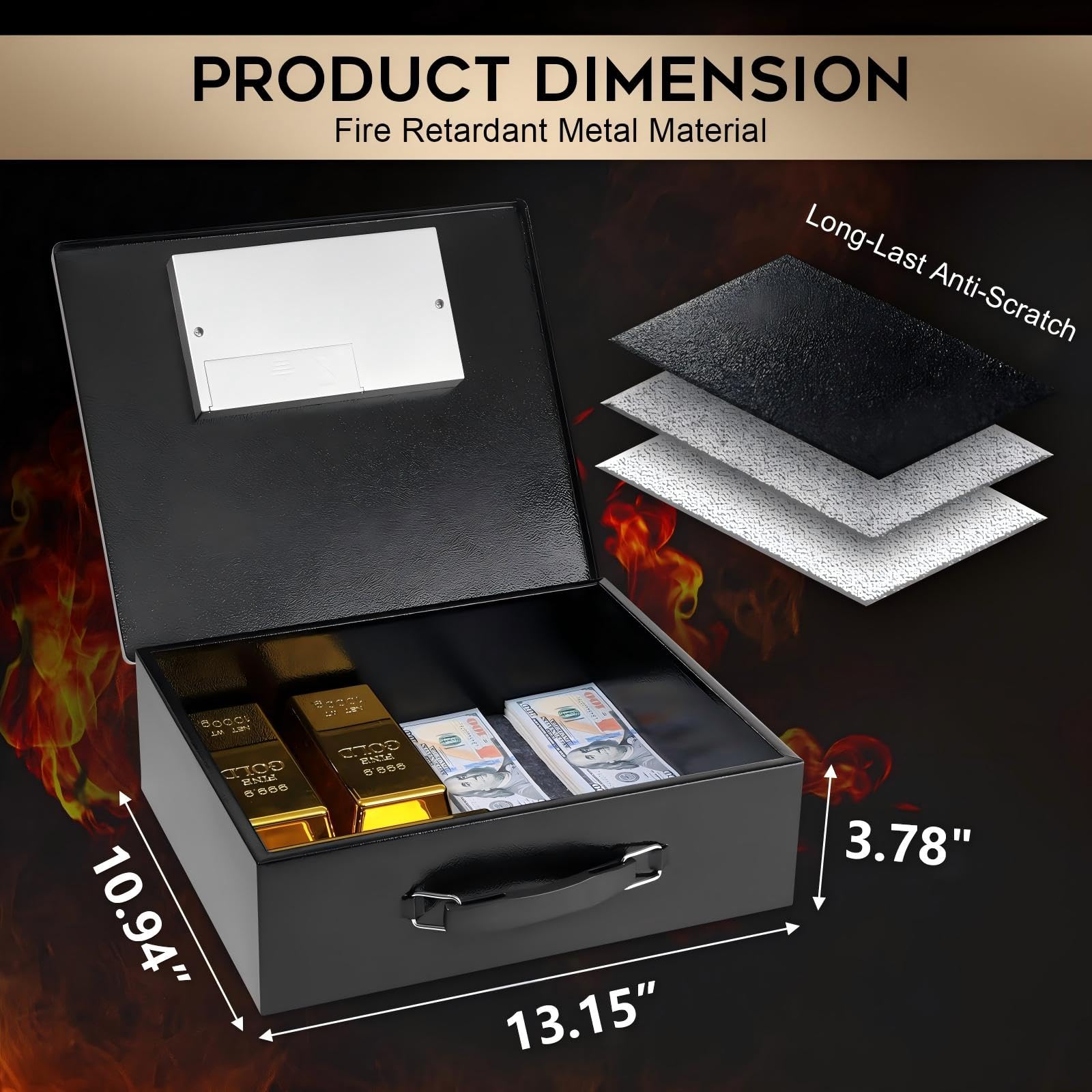 Dalmbox Caja fuerte de metal portátil con cerradura de código digital, almacenamiento resistente al fuego para documentos, caja de seguridad ignífuga, coche, hogar, oficina y exterior, caja negra