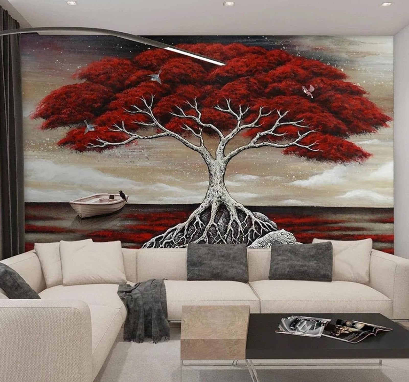 Xlming 400Cm×280Cm(B×H) Hand Painted Aesthetic Mangroves Small Boat Birds In Flight 3D Wallpaper Luxury Home Dining Decor Paste Sofa Living Room The Wall For Bedroom Mural-400Cm×280Cm
