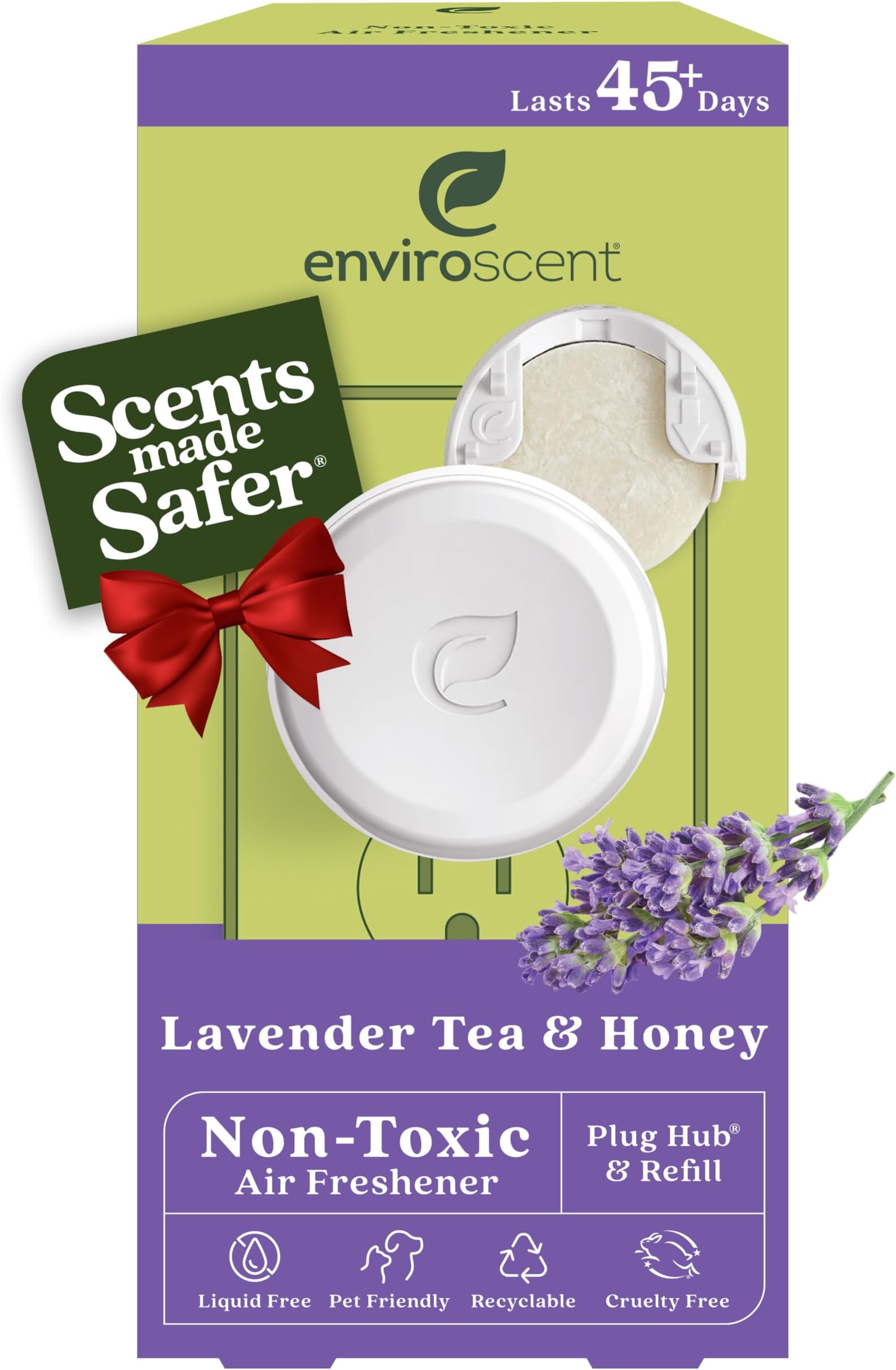 Enviroscent 非毒性芳香剤 (ラベンダーティー&ハニー) プラグイン式芳香剤 家庭用 | エッセンシャルオイルプラグイン | ホームフレグランス 45日以上持続 | 詰め替え可能な芳香剤プラグイン1個&香り詰め替え1個