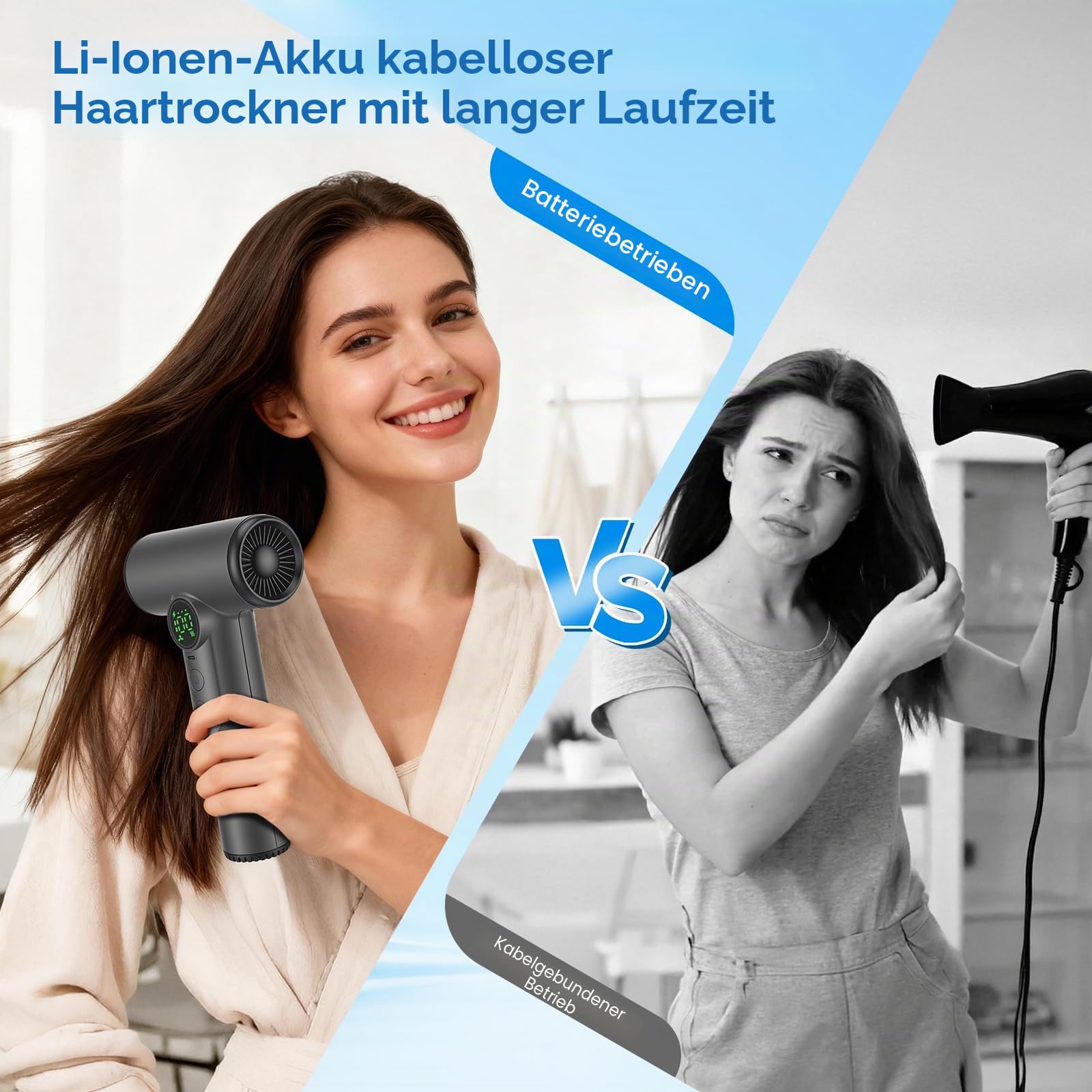 200W Akku Föhn Kabellos, Kabelloser Föhn Tragbarer Akku Haartrockner mit 3 Geschwindigkeiten und 3 Temperaturen, Akku Fön Haare mit Digital Bildschirm, Föhn Kabellos Aufladbar für Reisen, Camping