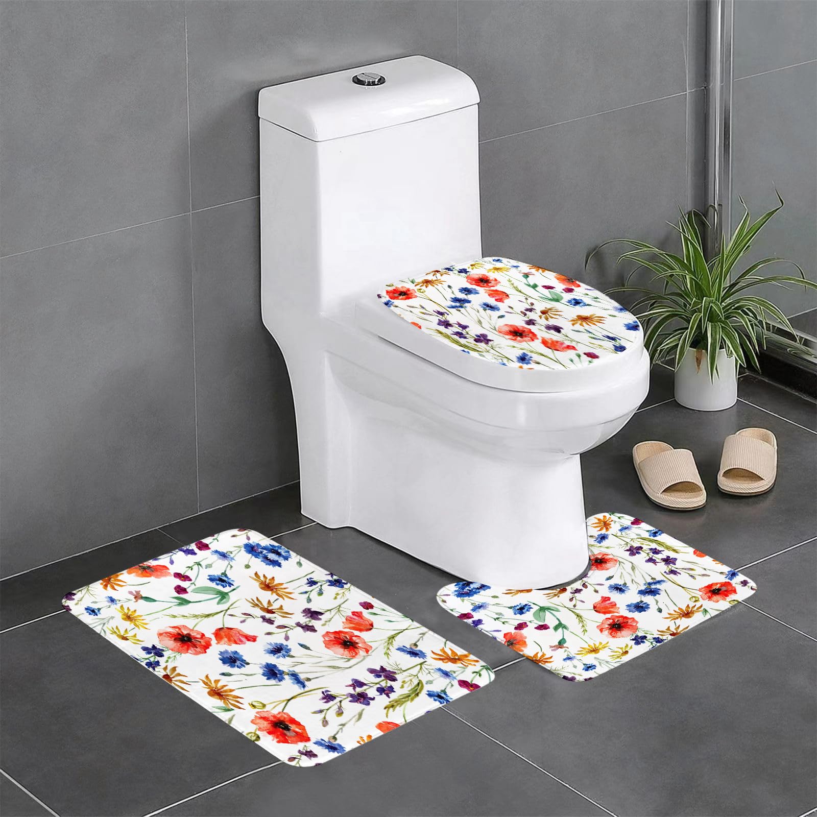 Set di 3 tappetini da Bagno, Lavabili in Lavatrice e Antiscivolo, in Morbida Fibra Superfine, con Motivo Floreale Senza Cuciture.