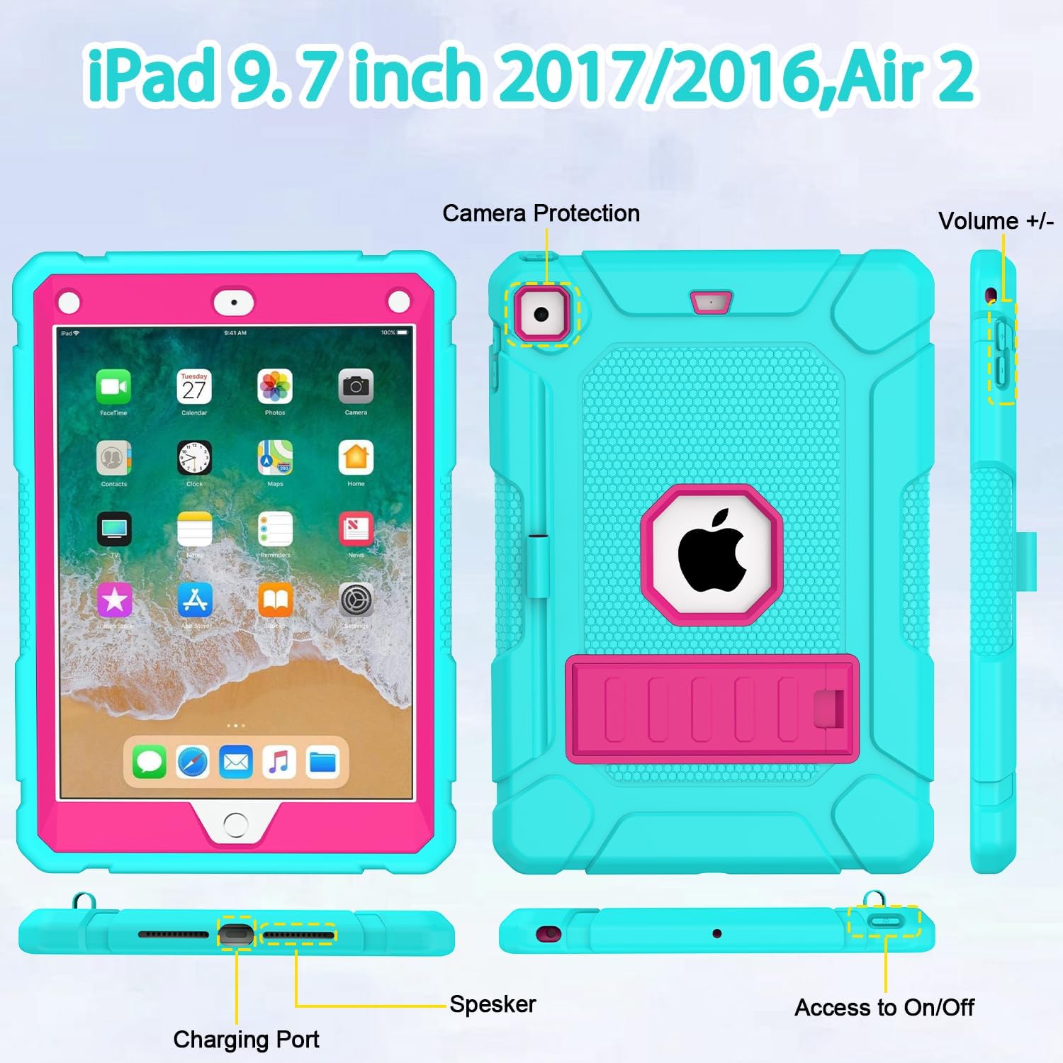 BMOUO Case for iPad 6th 5th Generation (9.7 inch, 2018/2017), Shockproof Protective iPad 9.7 Case with Built-in Stand/Pencil Holder for iPad 6th/5th Gen, Air 2, Turquoise