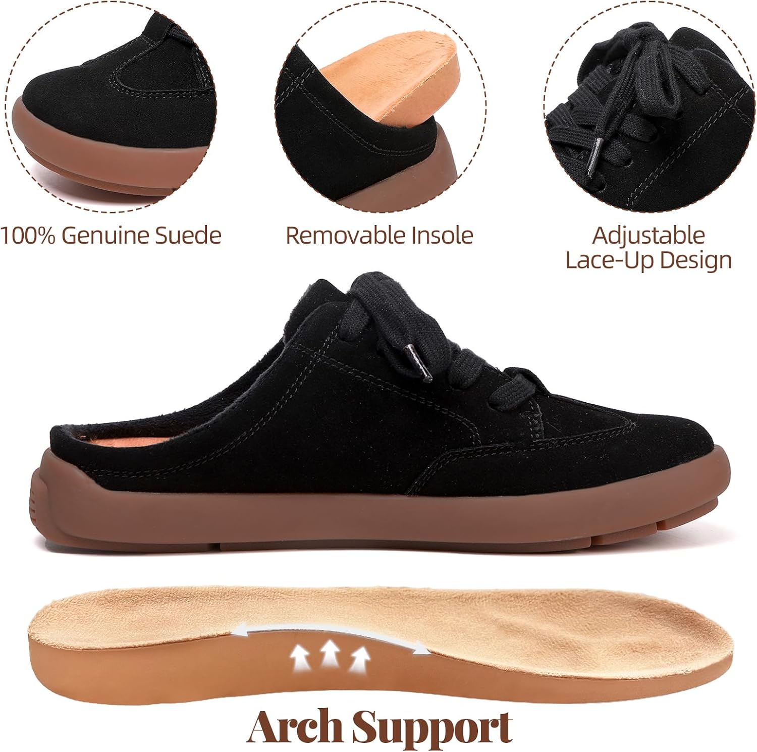 UBFEN Womens Slippers Arch Support 100% Genuine Suede Leather Comfortable Outdoor Indoor Slip On Mules