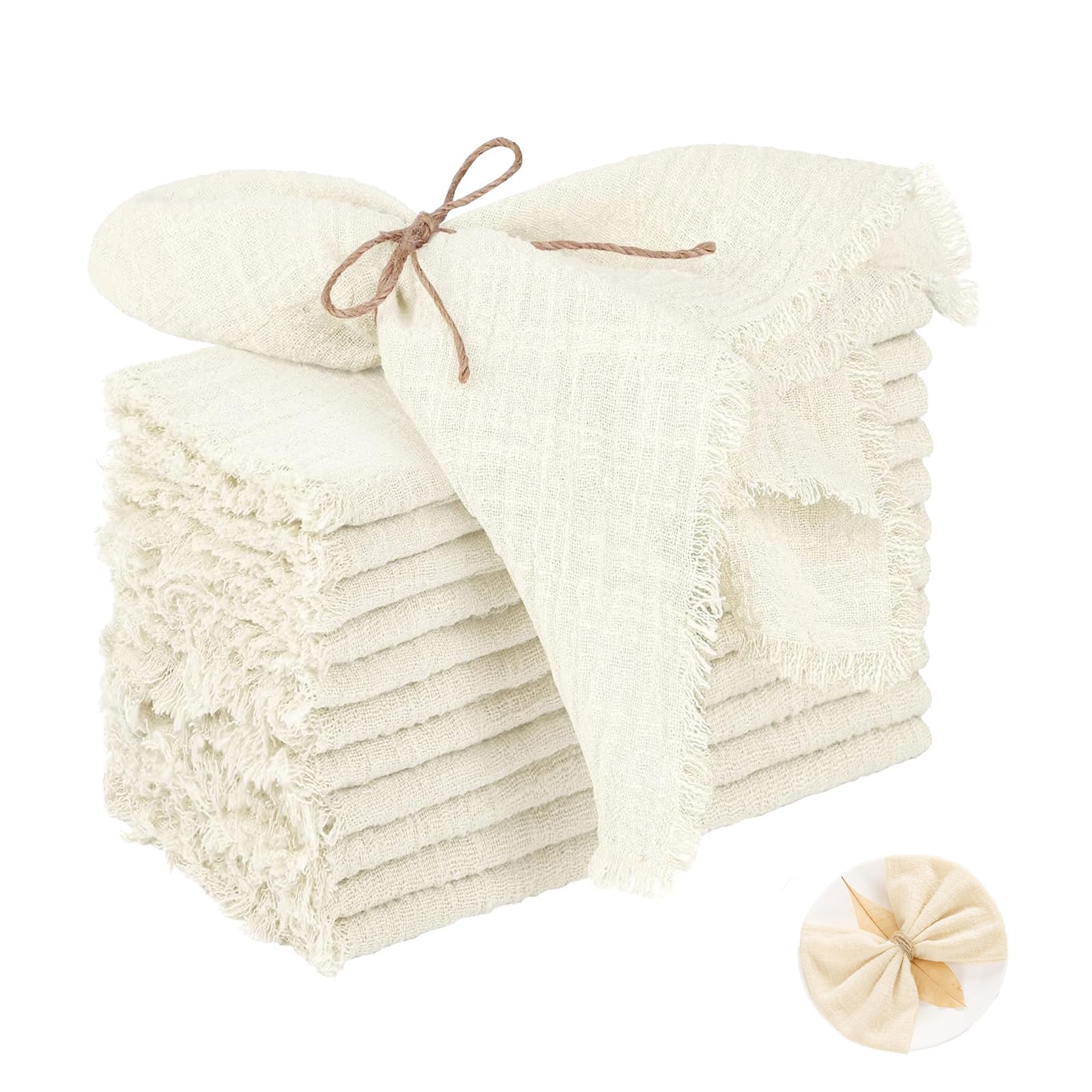 12PCS Handmade Cloth Napkins with Fringe,Napkins Bulk Cloth Cotton Soft Handmade 32 x32cm Reusable Washable Festive Table Napkins for Dinners, Parties (Beige-32 * 32cm)