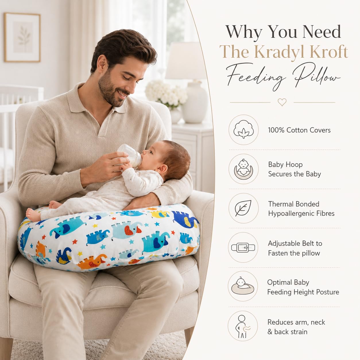 Kradyl Kroft 5in1 Baby Feeding Pillow with 100% Cotton Removable Cover | Breastfeeding Pillow | Nursing Pillow with Belt and Hoop (Cute Ellis) 4
