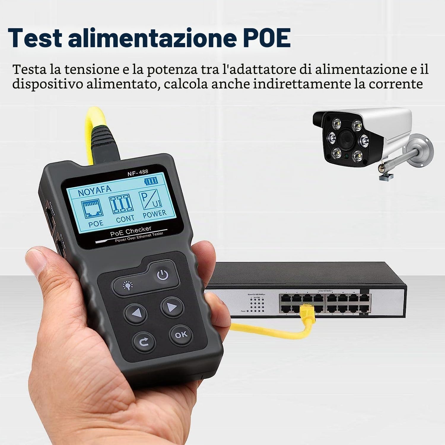 Noyafa Tester per Cavi di Rete con LCD Tester Lan con Funzione POE Test di Tensione e Corrente per Verificare lo Stato di Cortocircuito, Incrocio e Circuito Aperto dei Cavi di Rete, NF-488