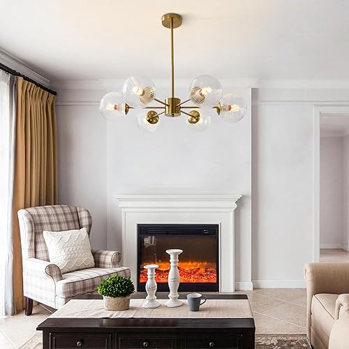 Miniatura 9 de BOKT Candelabro moderno de globo dorado de 6 luces, lámpara Sputnik de latón cepillado, lámpara de bola de burbujas de vidrio transparente, lámpara