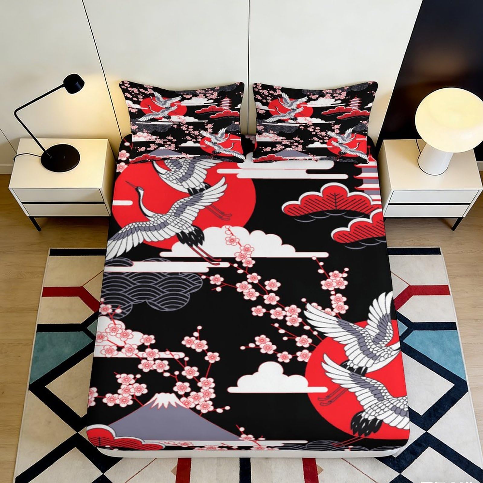 3D Printed Japanese Crane Fitted Sheet Microfiber Cherry Blossom Mattress Cover Anti-Slip Washable for Bedroom Guest Room Decor 120x200x25cm