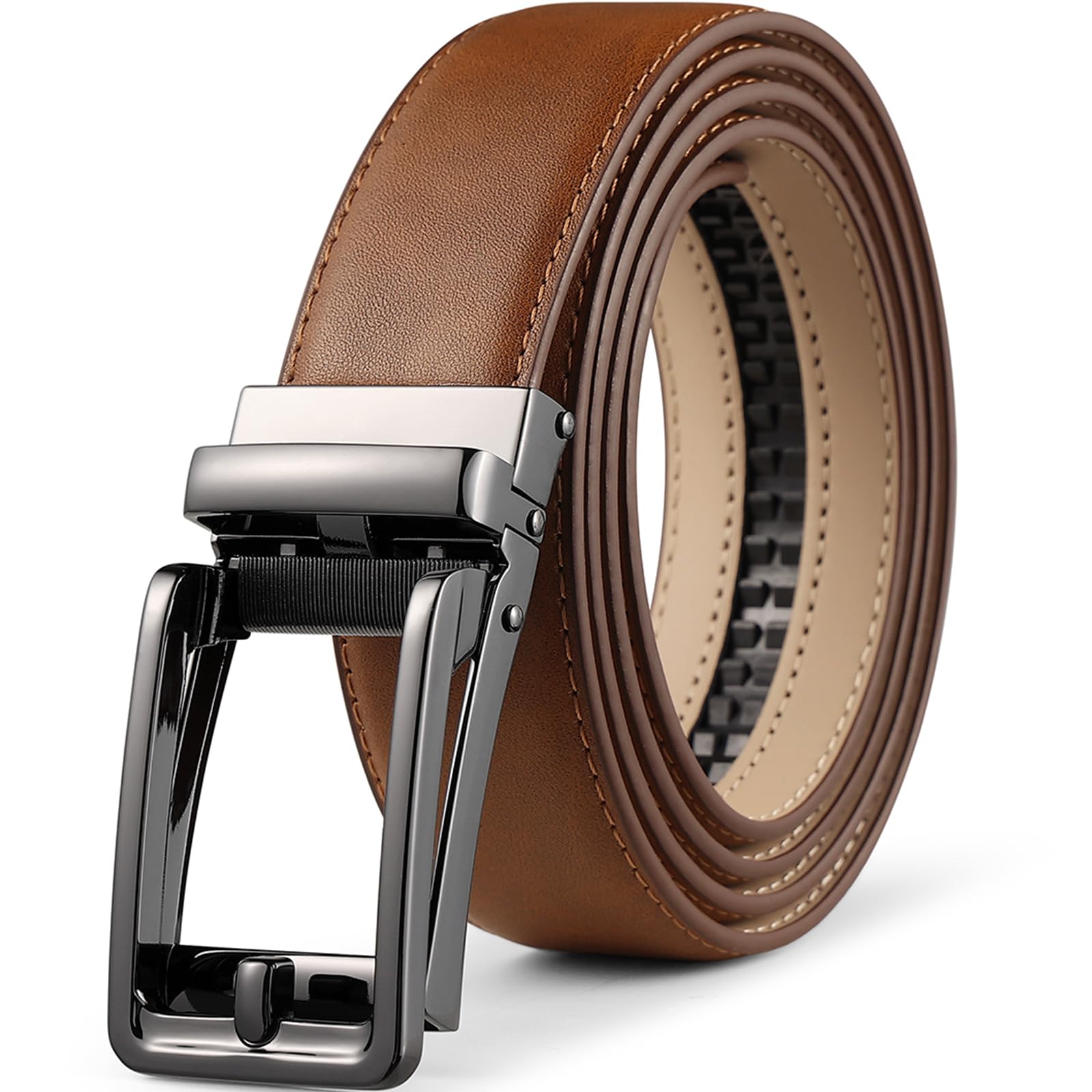 Founders &amp; C Men's Ratchet Comfort Click Belt -1 3/8 Leather Dress Belt | Slide Buckle,No Holes Micro-adjustment,Trim to Fit,Pairs with Suits,Chinos,or Casual Jeans,Gift Box