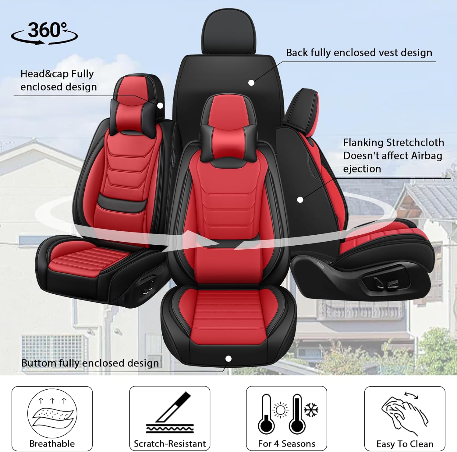 Fit for Mini Cooper 2002-2012 Custom Seat Covers, PU Leather Car Seat Covers, Full Coverage Protection, Thick Cushioning Seat Protectors(Luxury Front Row/Black Red)