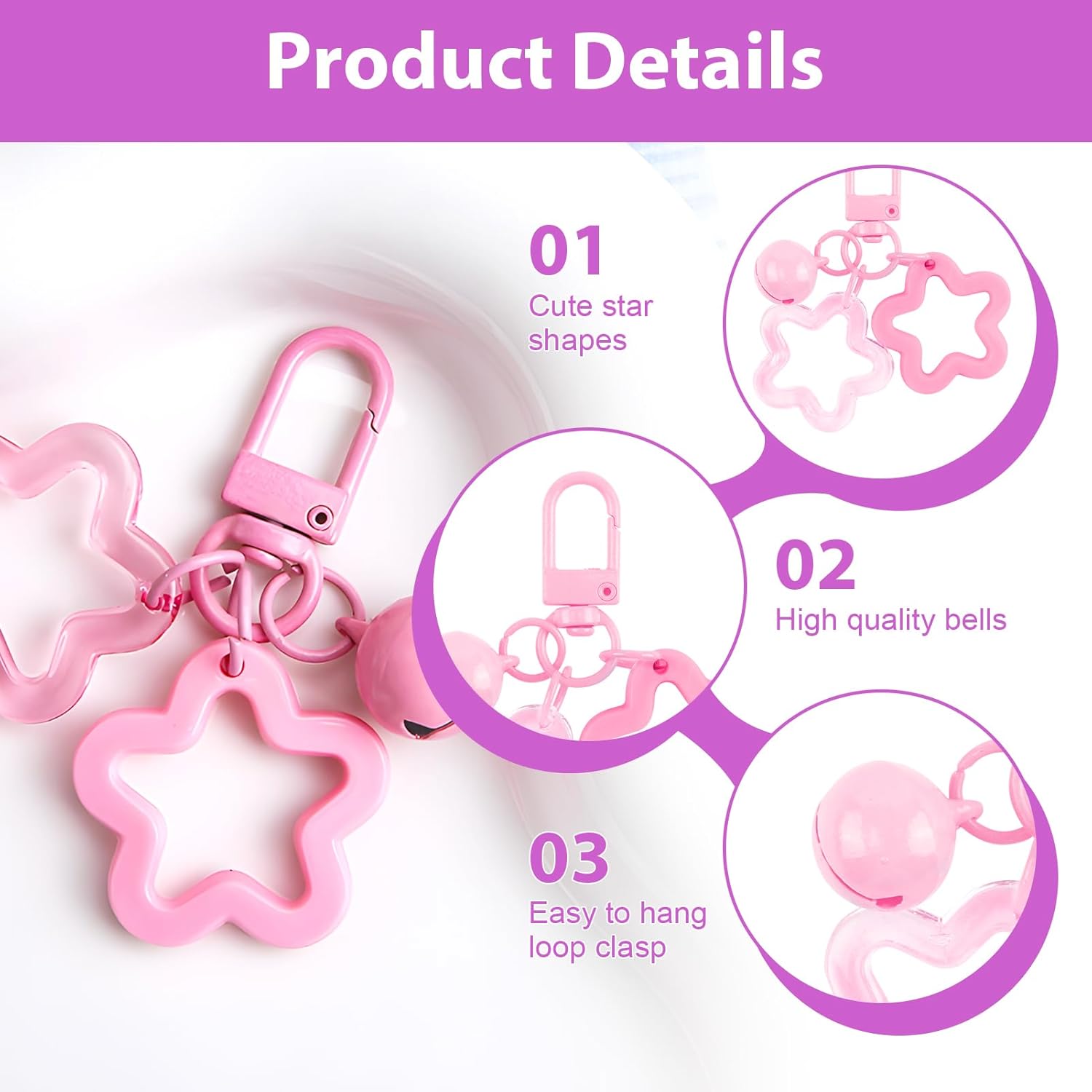 20 Pcs Star Keychain, Candy Color Star Keyring, Cute Acrylic Bell Pendant Key Chain Purse Bag Charms for Car Keys (Pink Blue Yellow Green Purple) - Image 5