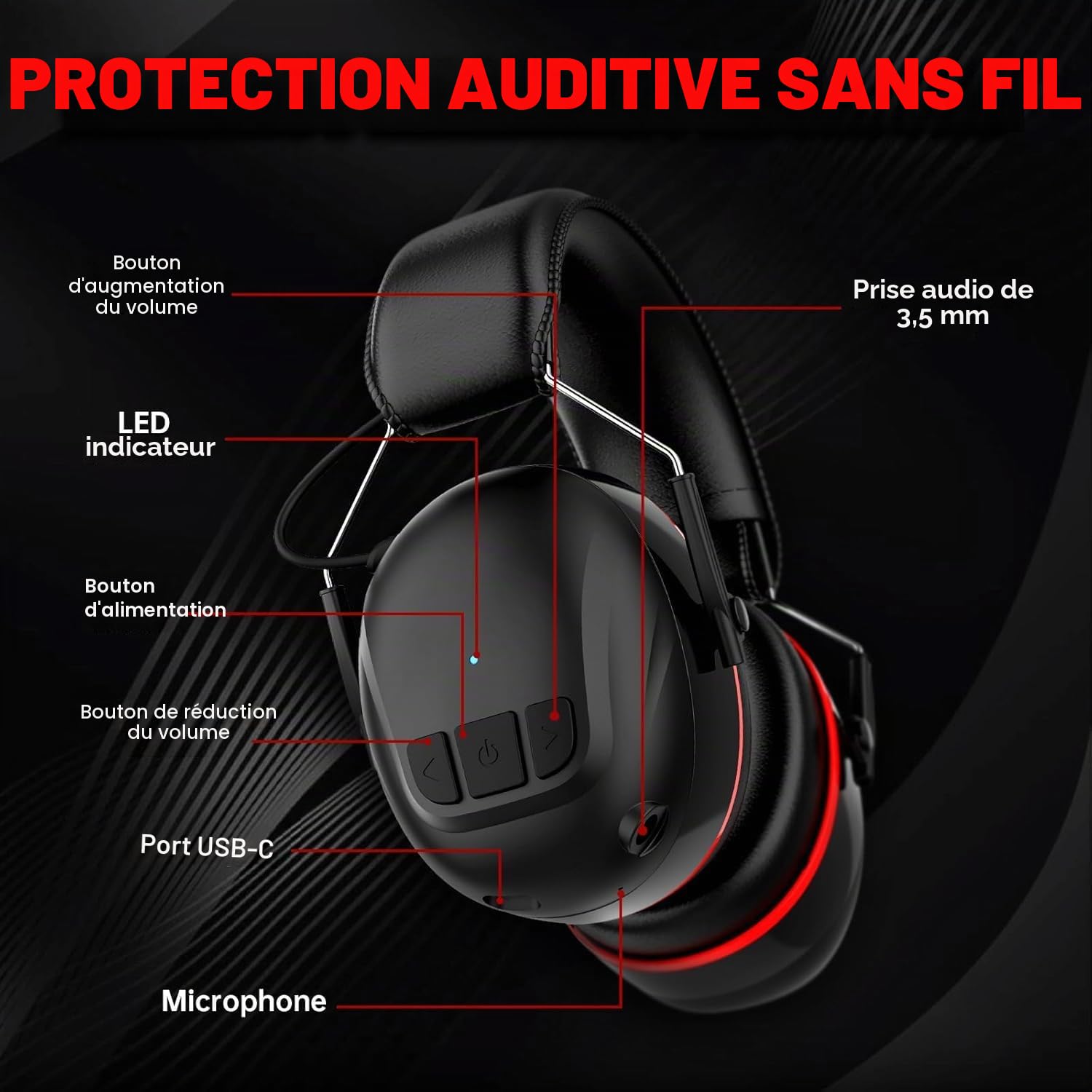 Doohoeek Casque de protection auditive Bluetooth 5.4 avec batterie rechargeable de 1200 mAh, 120 heures d'autonomie, 30 dB SNR, cache-oreilles avec réduction du bruit pour tondre, travail du bois