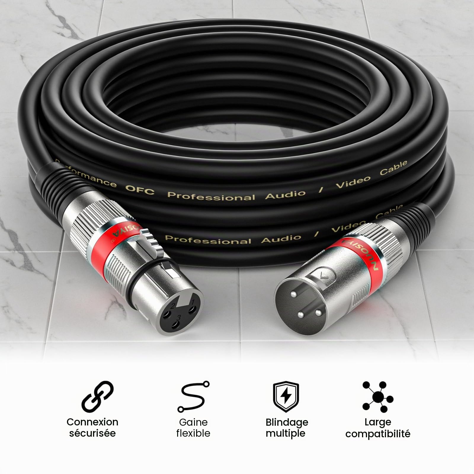 Lot de 2 câbles XLR de 5 m - Câble d'extension audio symétrique - Adaptateur XLR mâle vers femelle à 3 broches - Pour enregistreur de studio, microphone, mixeur, système de haut-parleurs
