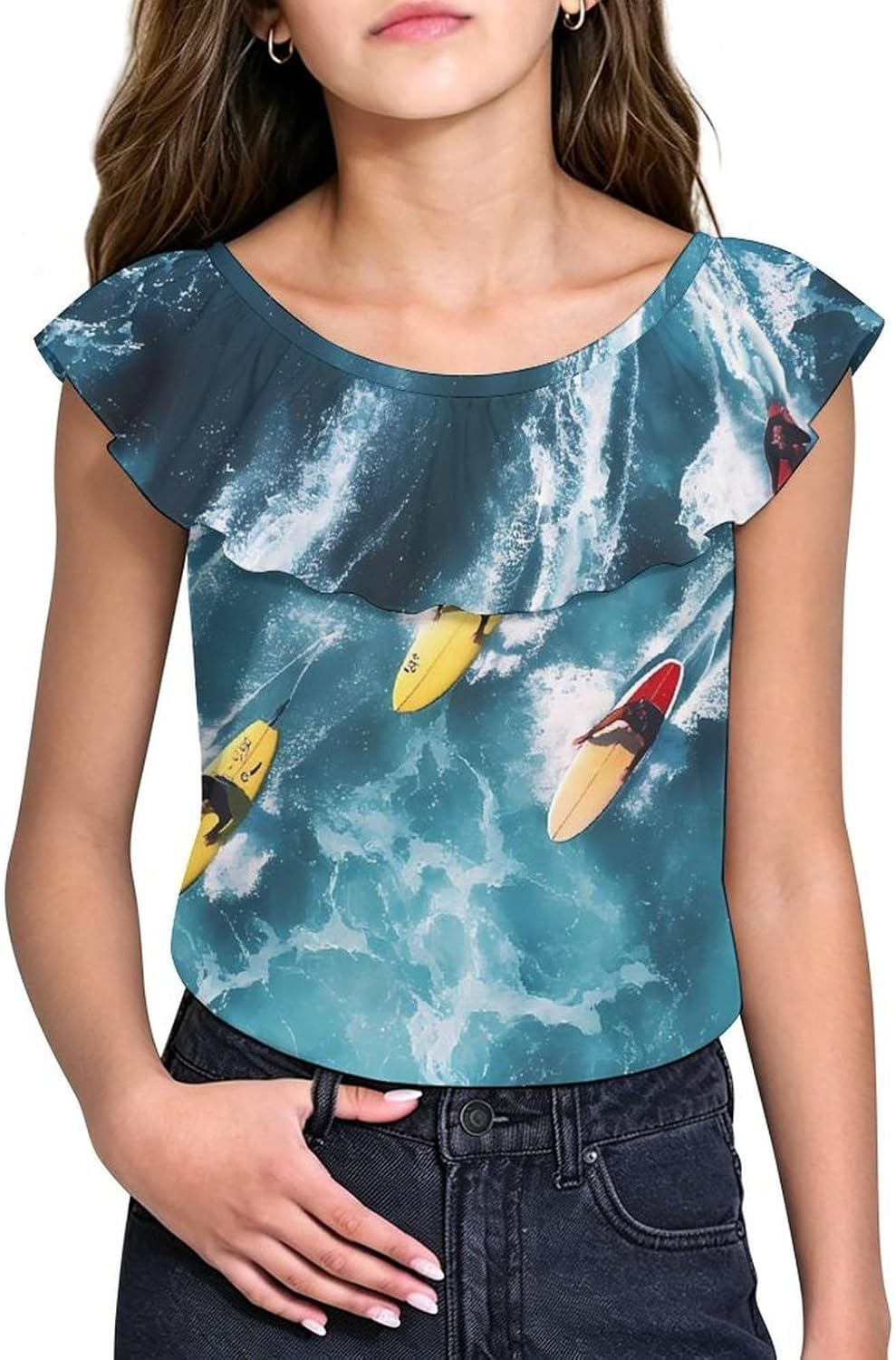 Surfers Surfing on Boards Girls T-Shirts Top Ruffle Short Sleeve Blouse Casual Graphic Tees