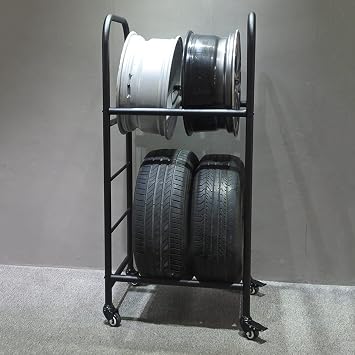 Tall Tire Storage Rack with Wheels, 2-Tier Rolling Tire Display Stand for Garage Home Workshop, Black Metal Tire Organizer Holder