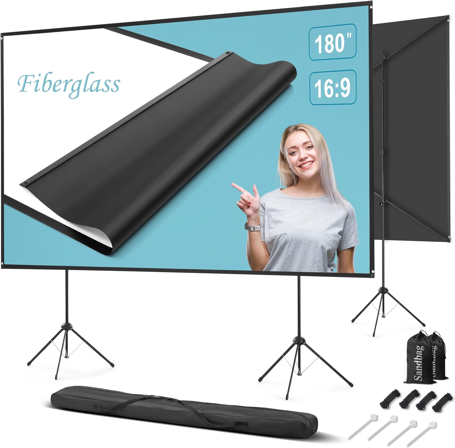 Outdoor Projector Screen with Stand 180 inch 16:9, Portable Projector Screen, 1.5 High Gain Fiberglass, Sturdy Backing, Wind-Resistant Movie Screen, Tripod/Wall Mounted, for Home Cinema/Backyard Party