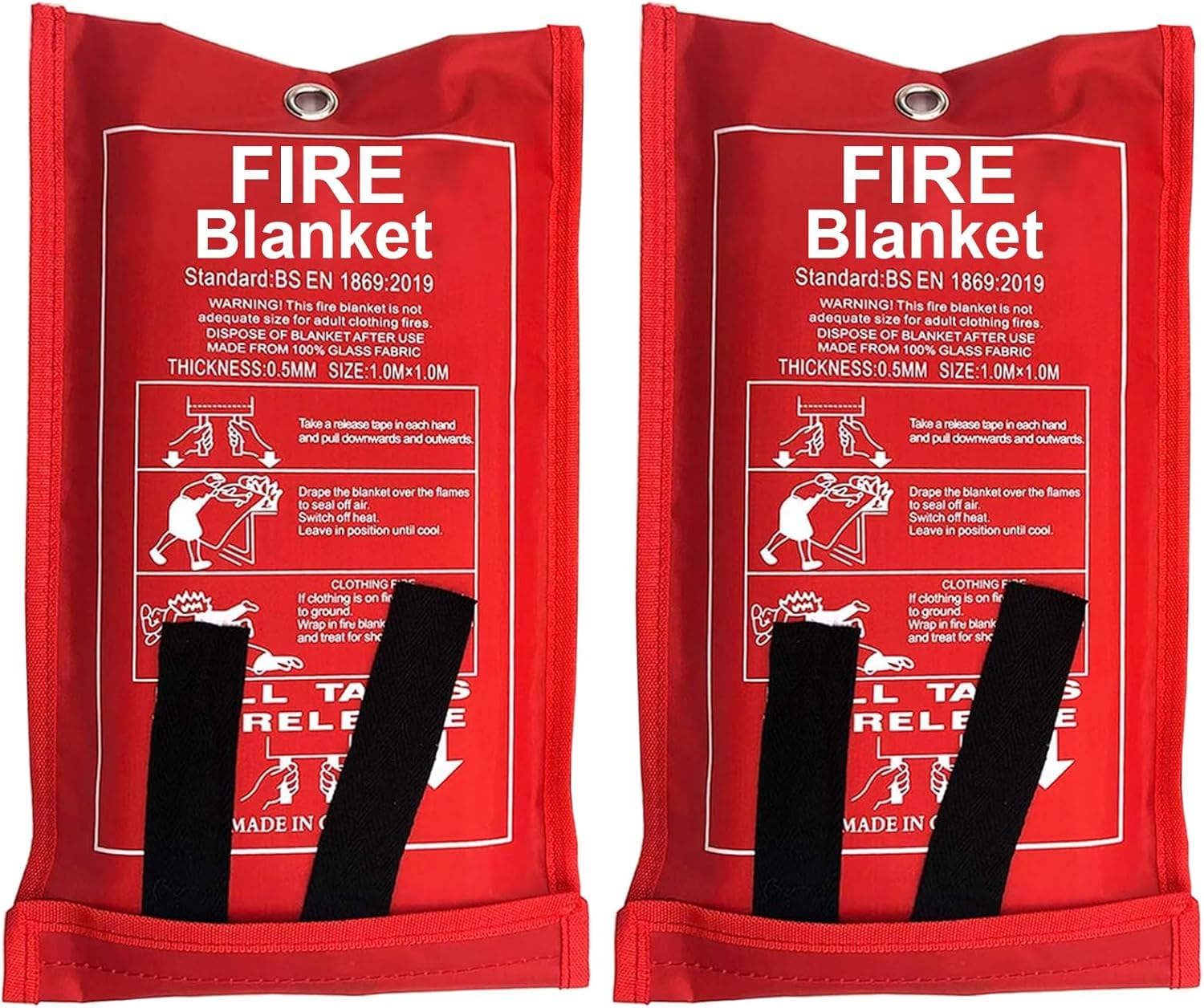 Fire Blankets - Emergency Fire Safety Blanket 1m x 1m, Fireproof Fiberglass Fire Retardant Blanket with Soft Case & Loops for Kitchen, Home, Warehouse, Office, Car, Fireplace & Camping (2)