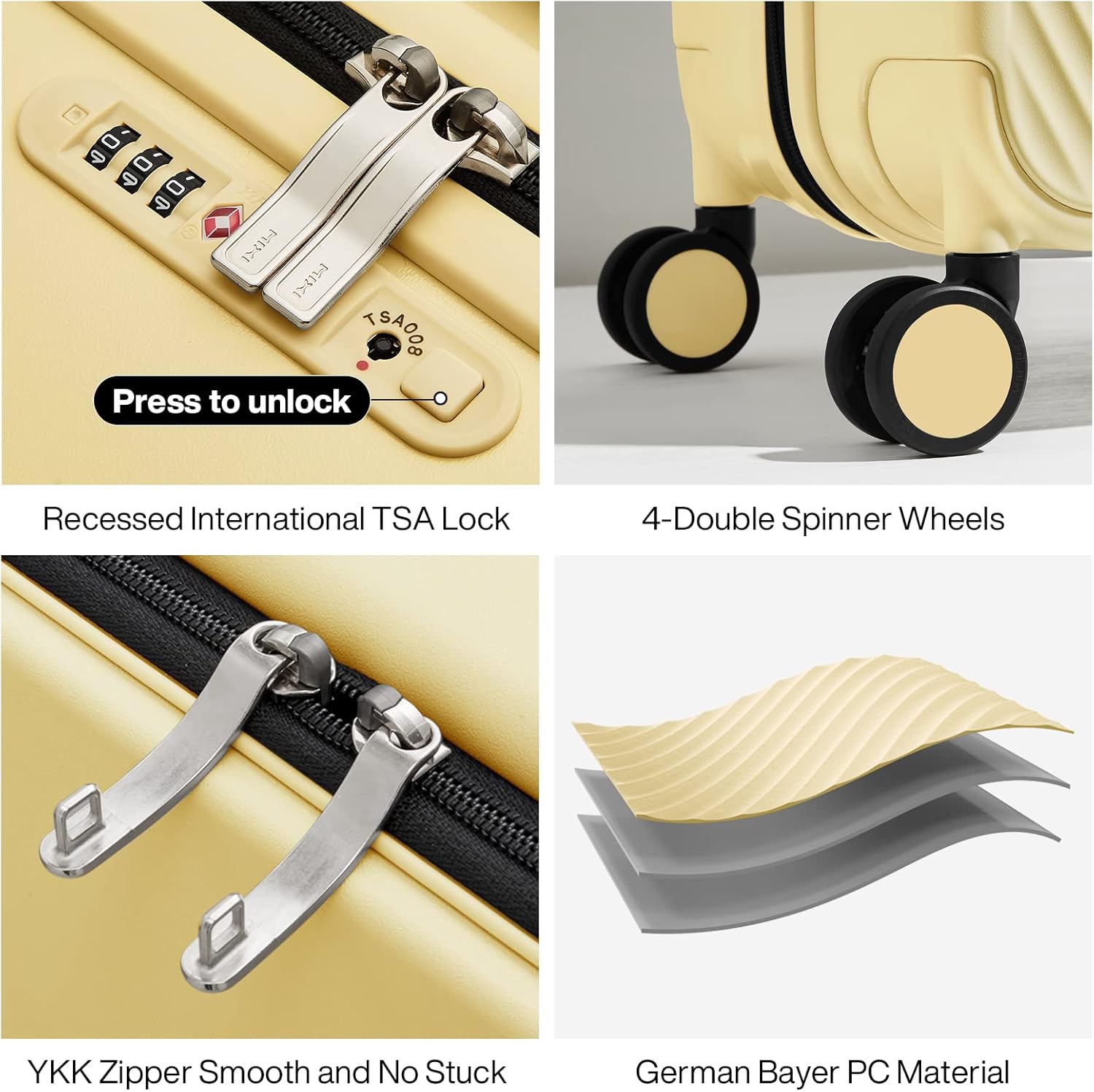 review Mixi Luggage Suitcases With Spinner Wheels,Upgrade Wide Handle PC Hardshell Rolling Travel Suitcase with TSA Lock, Checked-Medium 24-Inch, Lark Yellow