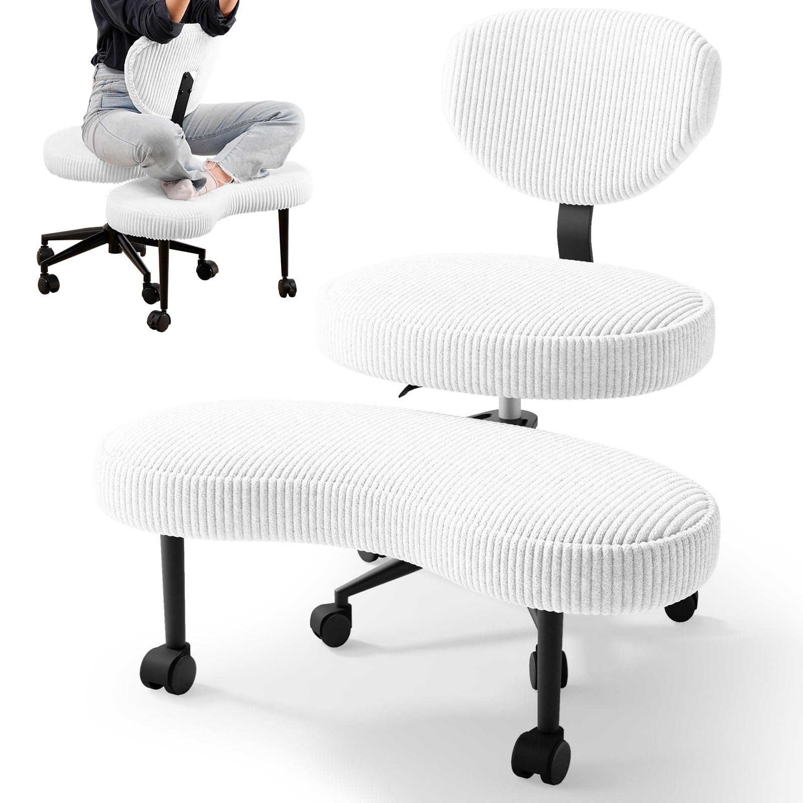 HOMRELEXA Bürostuhl mit Kreuzbeinen, 360° drehbar, Ergonomischer Kniestuhl, Criss Cross Schreibtischstuhl mit Verstellbarer Höhe, ADHS-Meditationsstuhl mit Rückenstütze, Cordstoff, Weiß