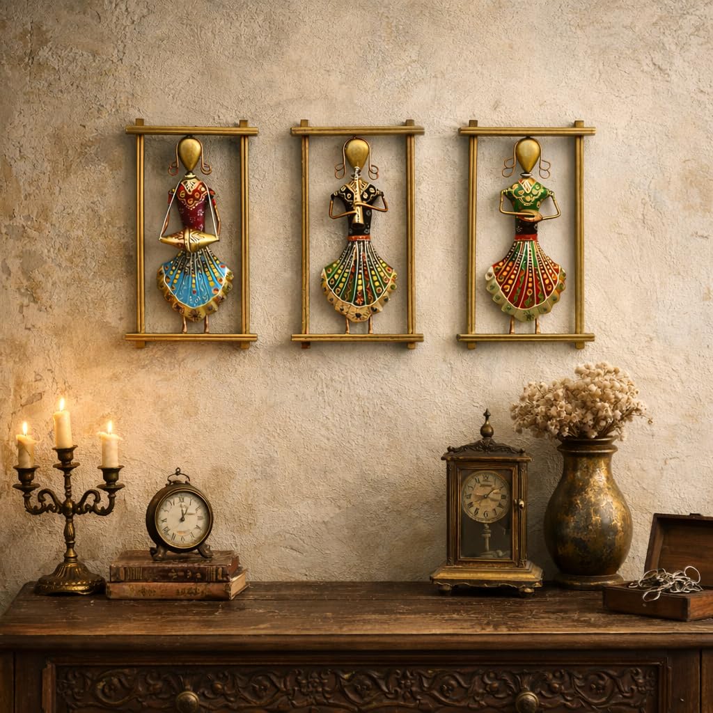 【 L出品 】 50×40cm size art ZXC Rajasthani Musician Metal Wall Art Set of 3 for Living Room