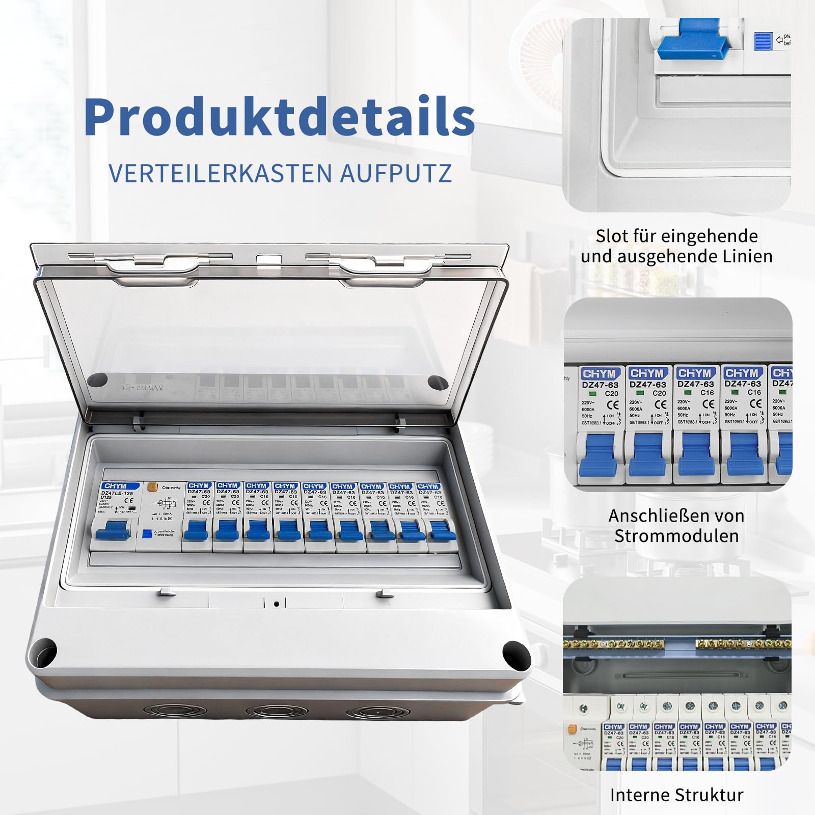 Caja de fusibles empotrada, Caja de distribución con interruptor diferencial, Caja de distribución eléctrica IP65 para caravanas/garajes/talleres/villas, interruptor automático 125 A, 7x16 A + 2x20 A
