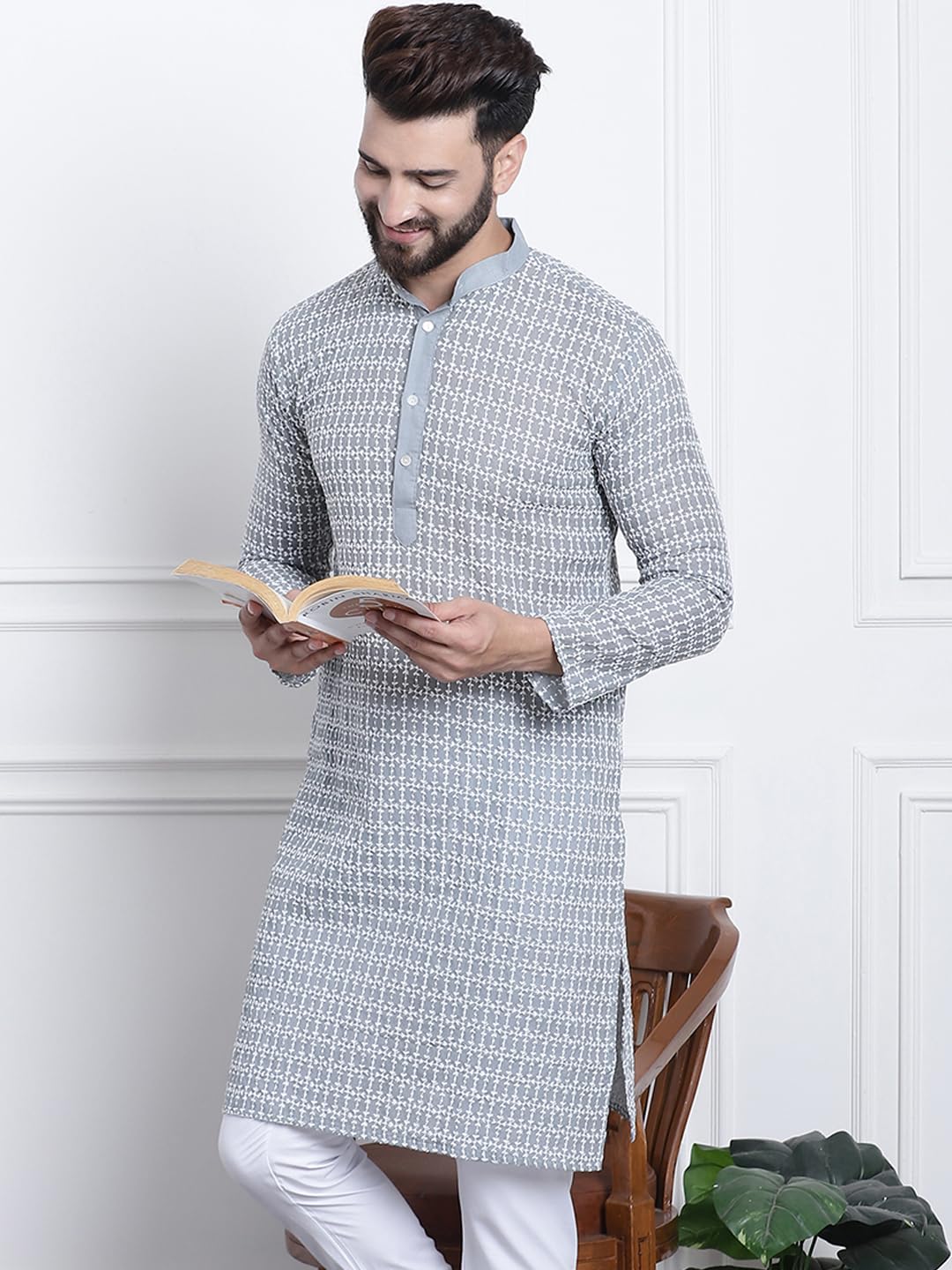 Sojanya (Since 1958 Men's Pure Cotton Grey With White Embroidery Only Long Kurta
