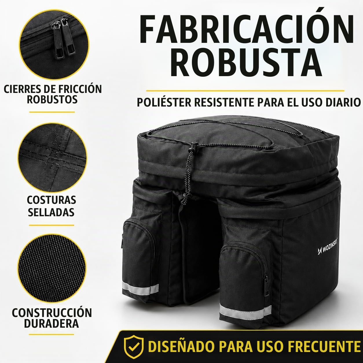 WOZINSKY Bolsa de Bicicleta, 60L con Cubierta de Lluvia, Impermeable, para Bicicleta de Carreras, 2 Compartimentos, Negro, Impresión de Letras, Montaje en Portaequipajes, Cordón