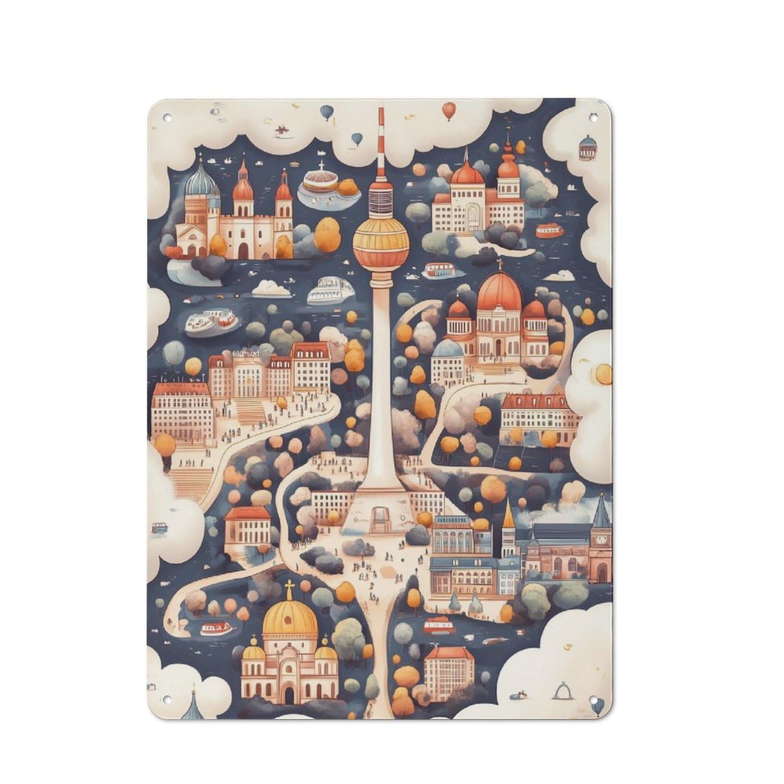Junmoney Berlin Cityscape Illustration Retro-Style Metal Plaque 40X30cm For Garage Or Workshop, For Garage, Workshop And Man Cave Decoration