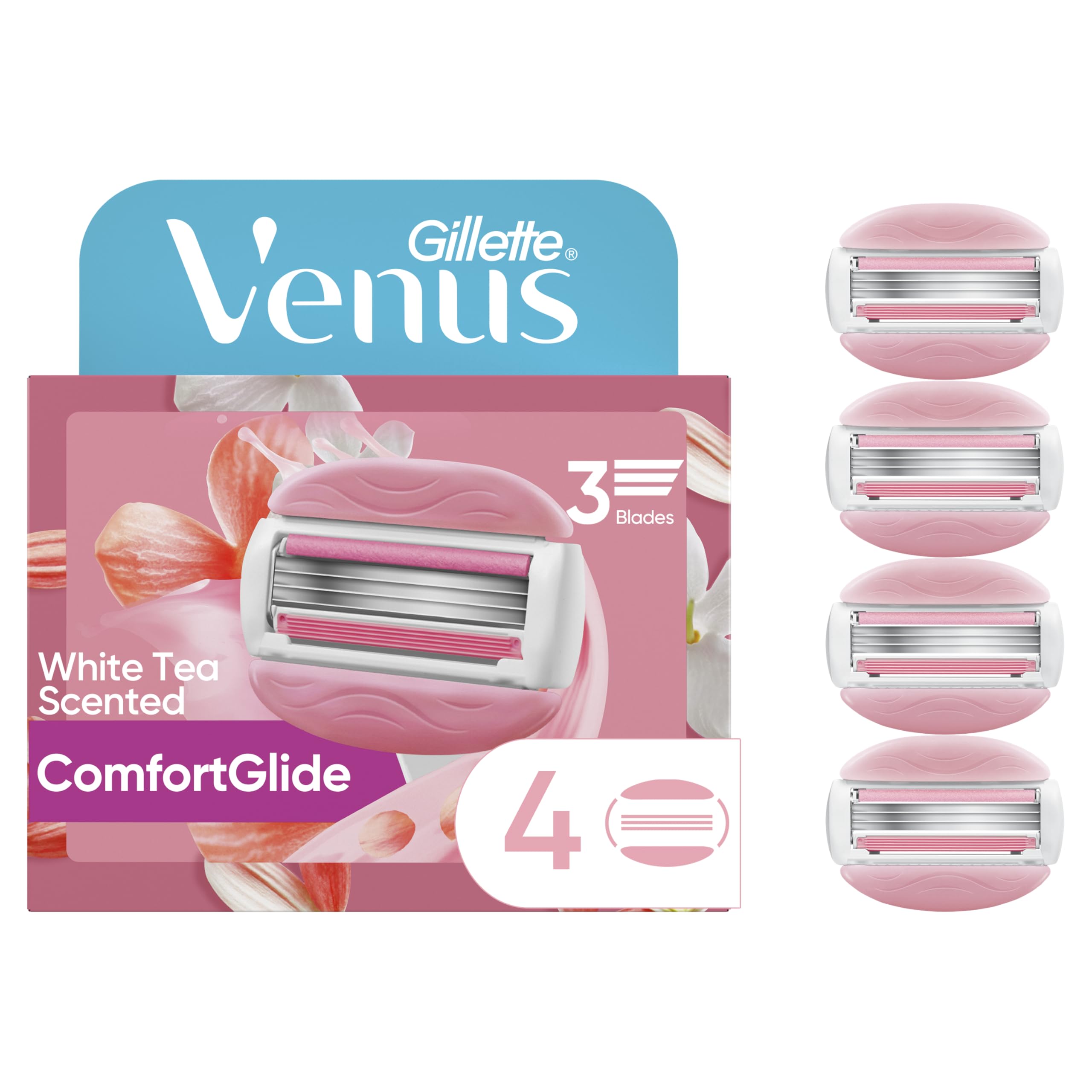Gillette Venus ComfortGlide White Tea Women's Razor Refills, 4 Refill Cartridges, Fits Venus Reusable Razor Handles, 3-Bladed with Built-in Shave Gel Bars, Holiday Gifts for Women