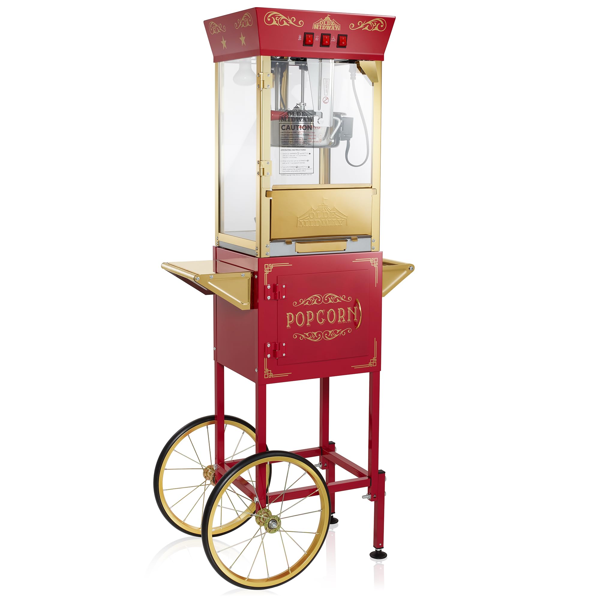 Olde Midway Movie Theater-Style Popcorn Machine Maker with Cart and 8-Ounce Kettle - Red, Vintage-Style Popper on Wheels