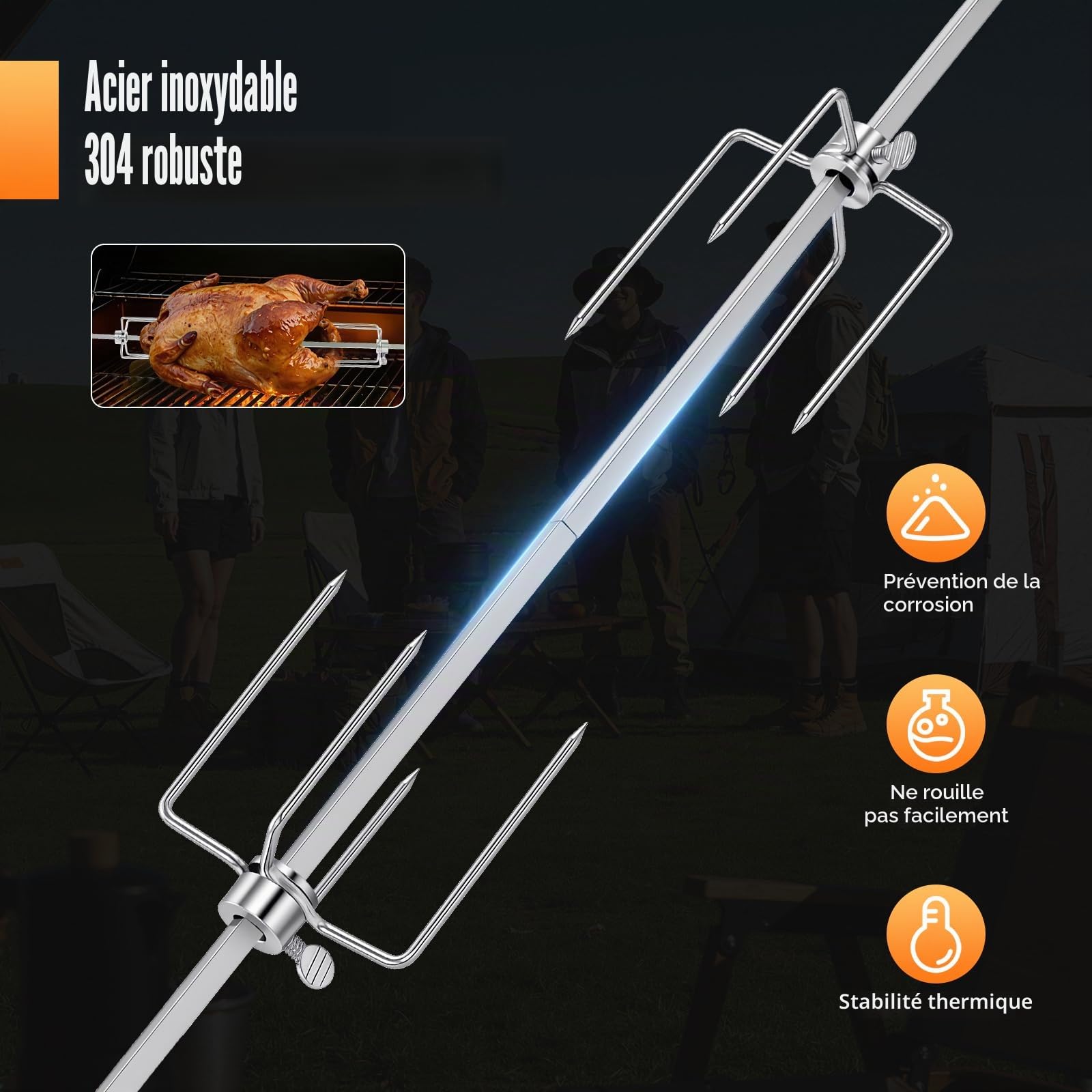 Set de Broche à Griller,220-240v Ensemble Professionnel de Clous de Barbecue en Acier Inoxydable avec 4w Moteur Spinning Tourne Broche,pour Grils à Gaz,Grils à Charbon Bois
