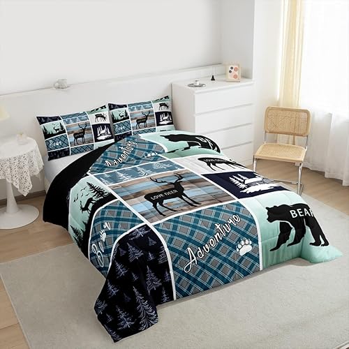 Miniatura 6 de Juego de edredón de oso y ciervo, tamaño individual, ropa de cama de animales salvajes de caza, colcha rústica de cabaña, casa de campo, cuadros