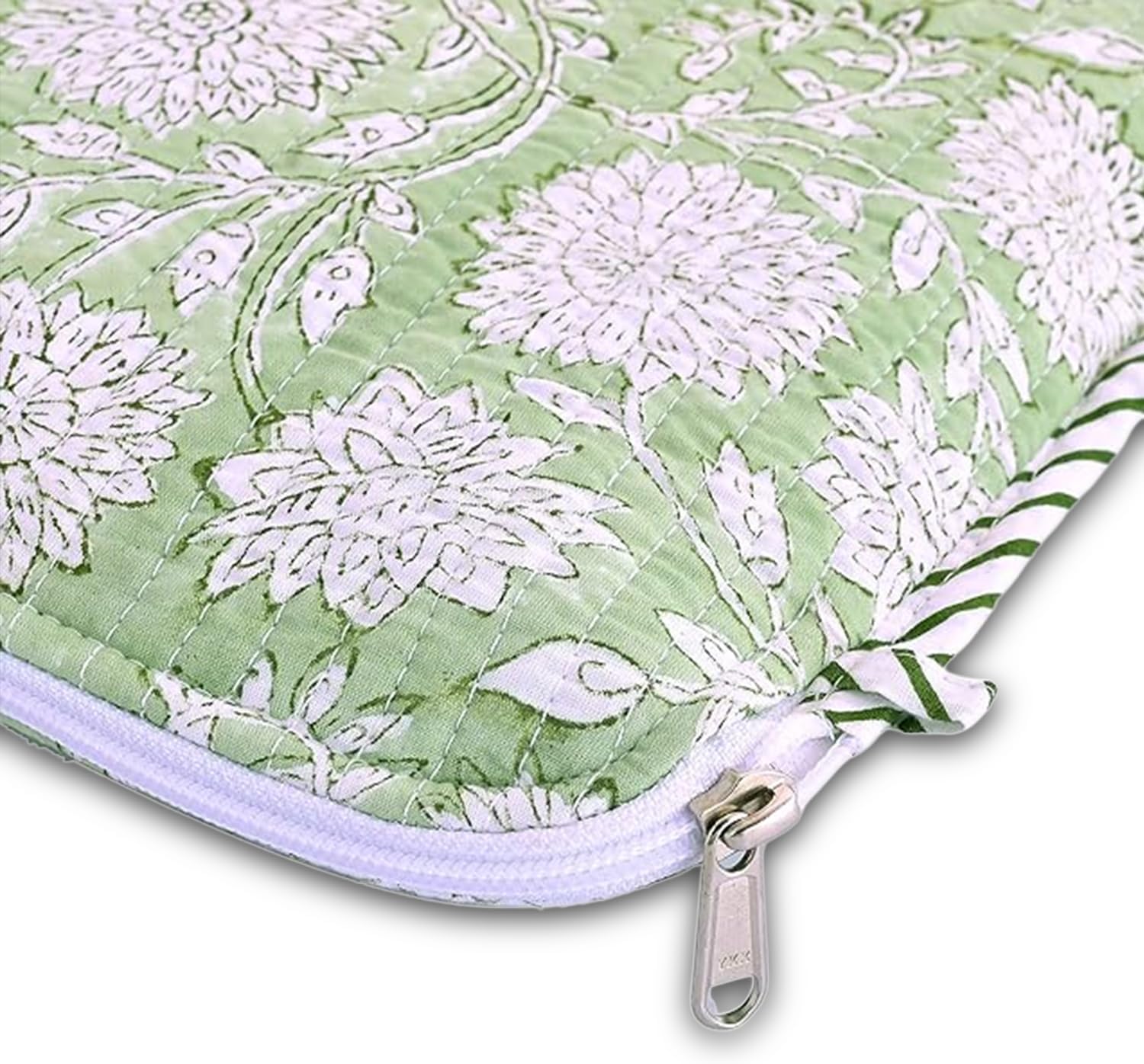 Quilted Laptop Sleeve Case 13–15.6 Inch | Handmade Block Printed Cotton Cover with Zipper | Padded Case for MacBook Air M4 2025 M3 M2 M1 & MacBook Pro M5 M4 Pro/Max (Sage Green)
