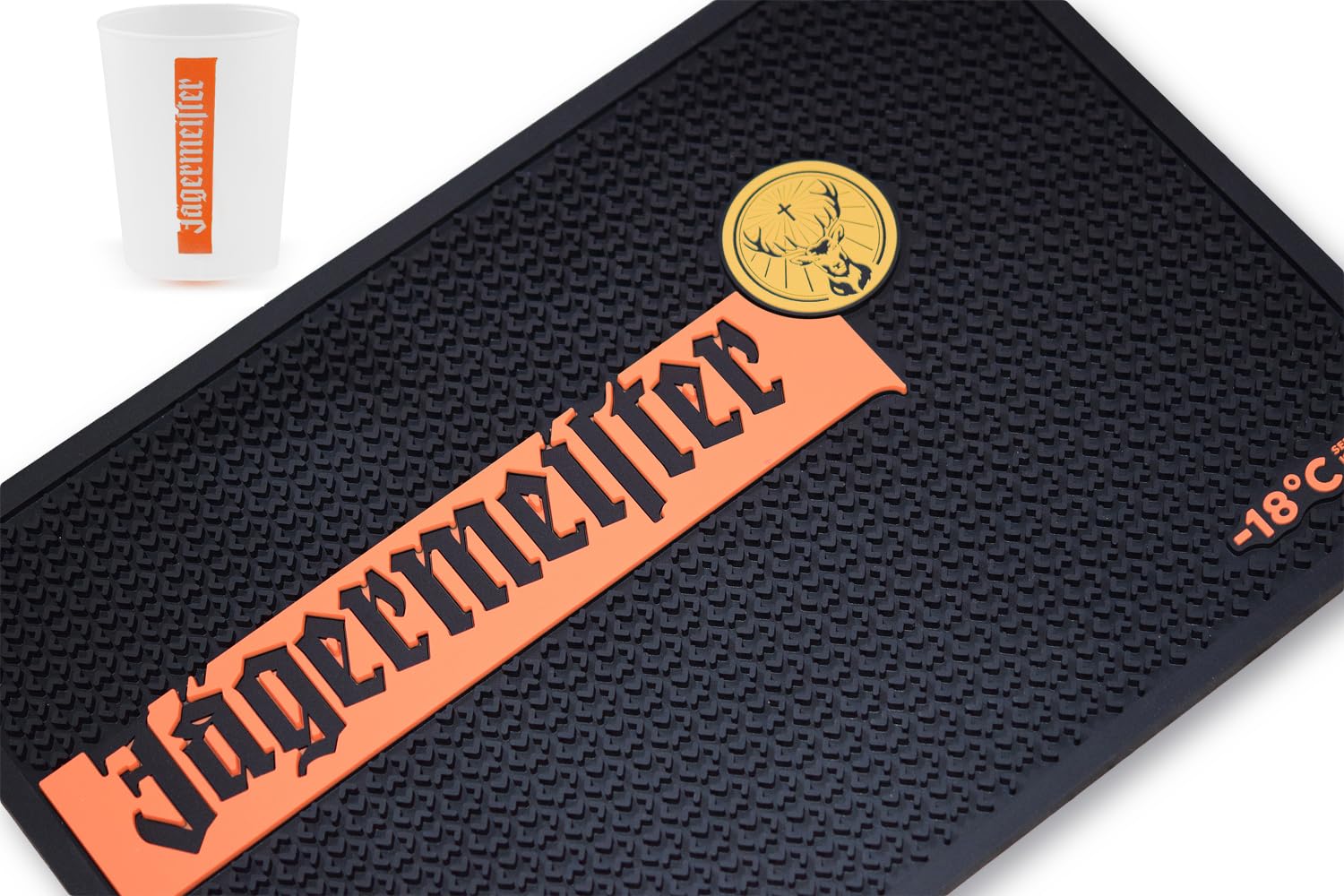 Originale Jägermeister XXL Bar-Matte Abtropf-Matte mit Noppen und Logo, Schwarz + Jägermeister Kunststoff-Probierbecher + Albellion Flaschenöffner
