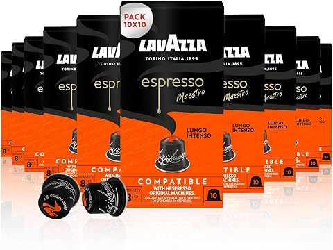 Lavazza, Espresso Maestro Lungo Intenso, 100 Aluminiumkapseln Kompatibel mit Nespresso Original Maschinen, Kakao & Karamellnoten, Arabica & Robusta, Intensität 8/13, dunkle Röstung