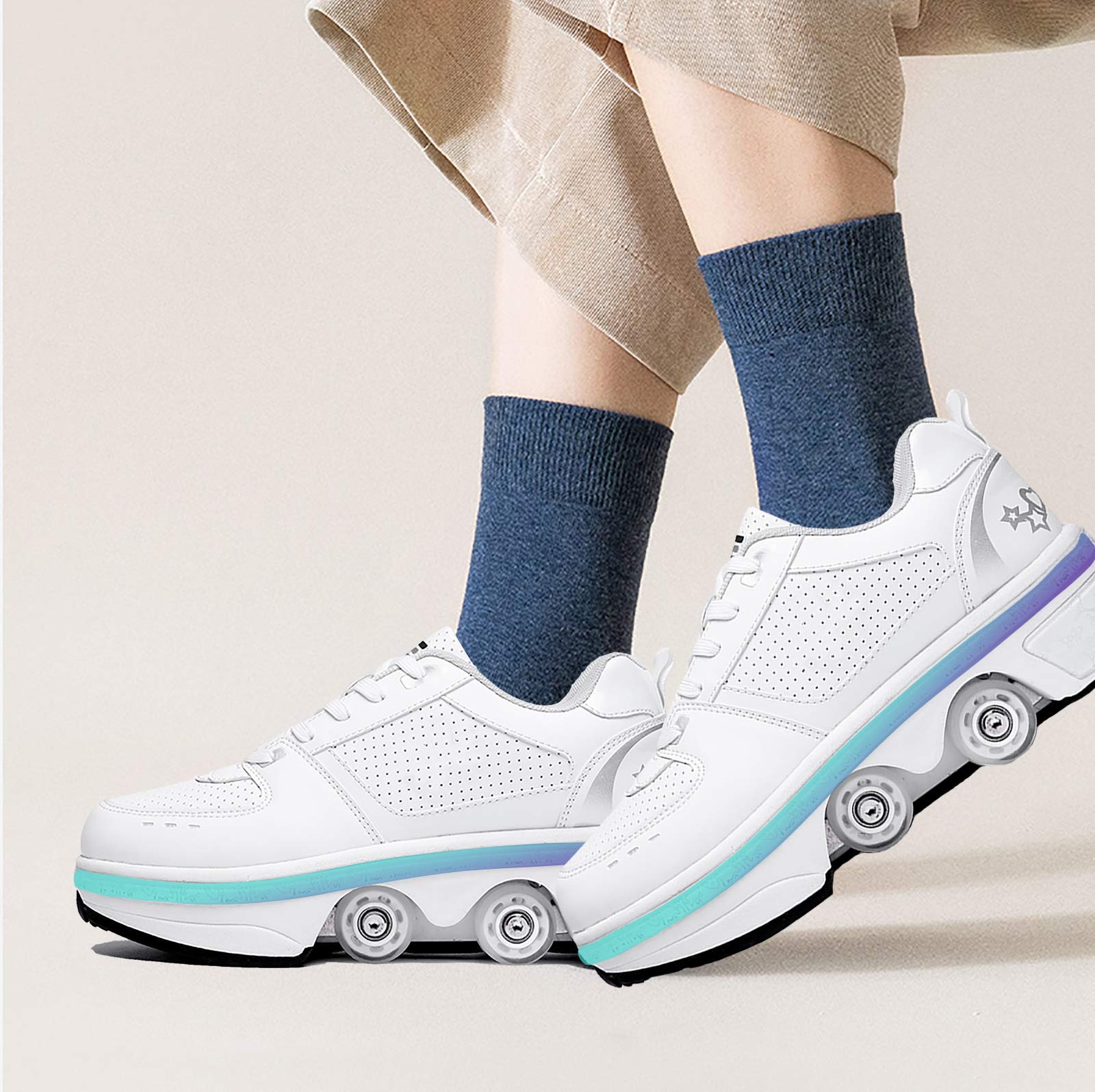 Patines De 4 Ruedas con Luz Led Patines En Línea Zapatos 2 En 1 Hombres Mujeres Patines con Cuatro Ruedas para Niños Niñas,EUR33