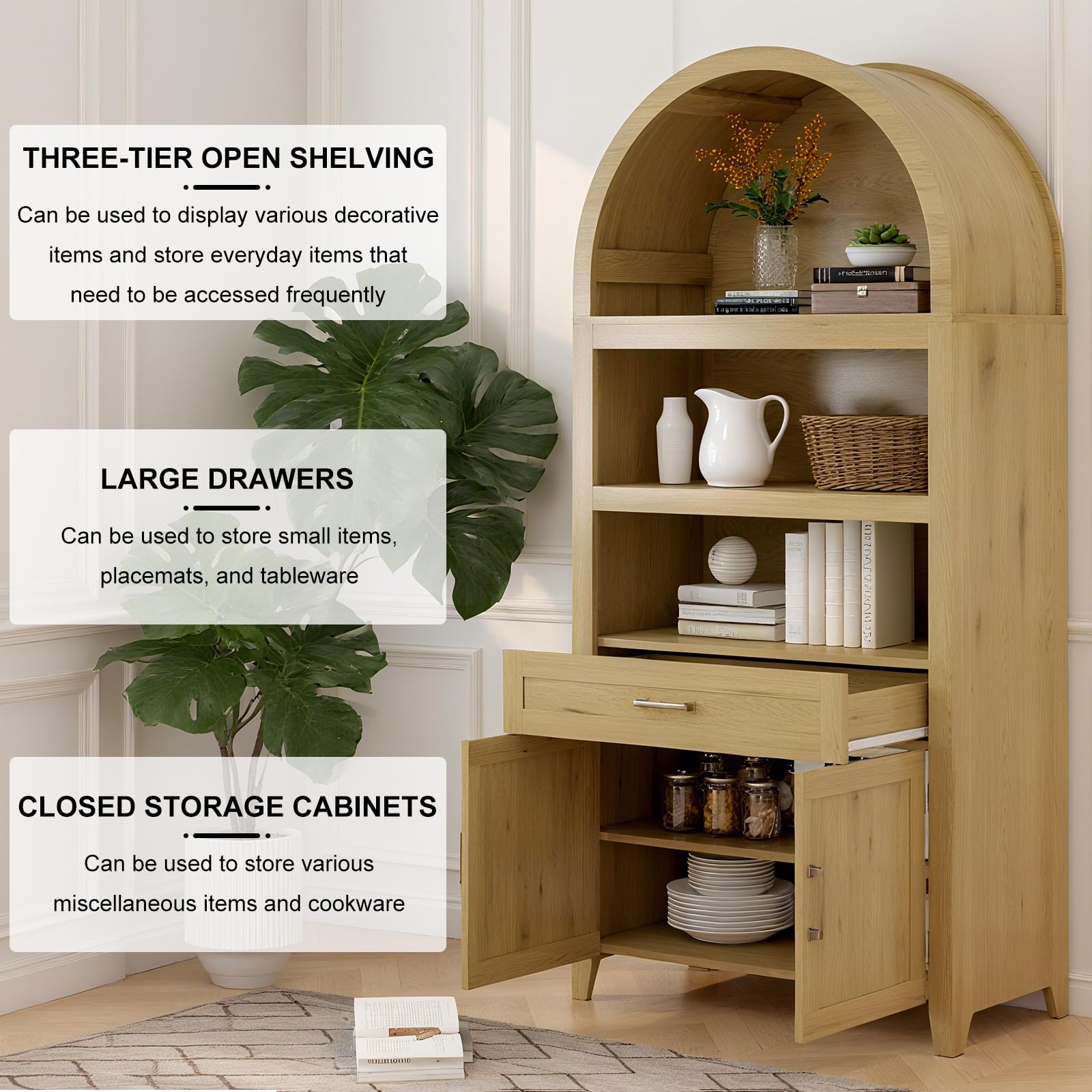Armadietto corto ad arco con cassetti, libreria moderna in legno con anta, vetrina ad arco con ripiani, libreria per cucina, soggiorno, camera da letto, ingresso, naturale