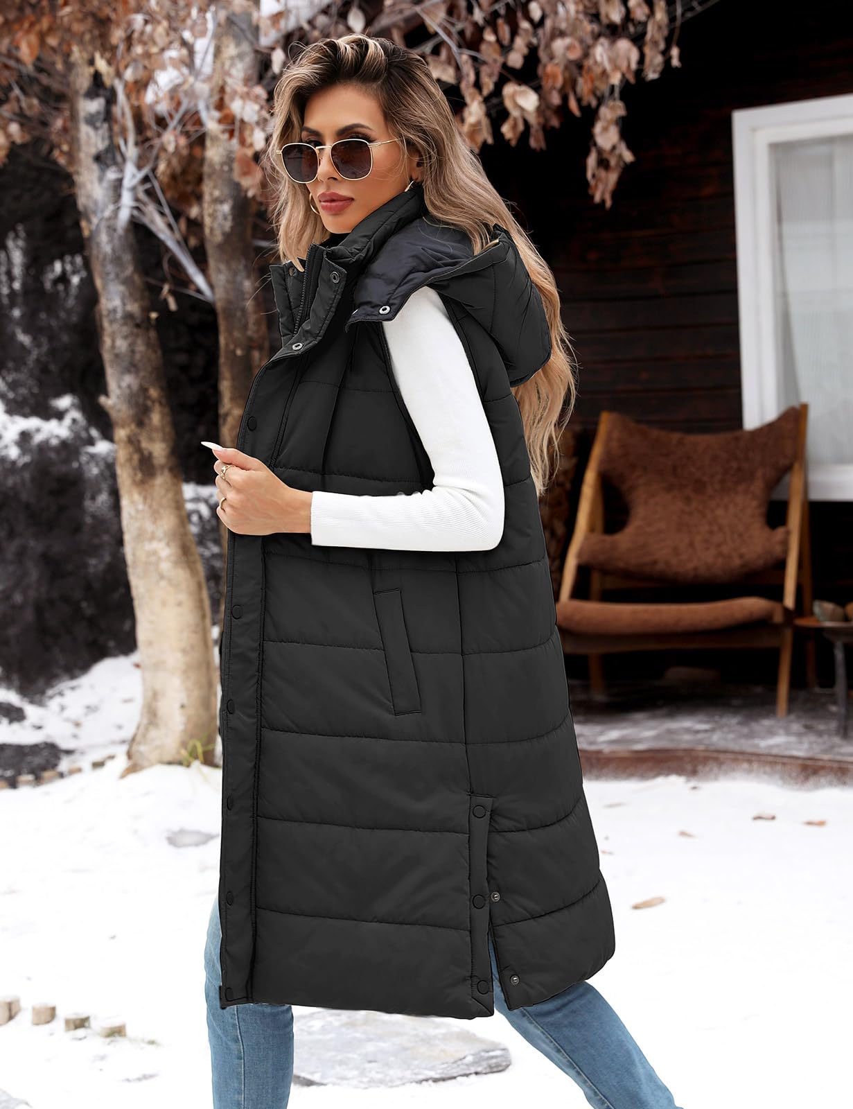 Vancavoo Chaleco Acolchado Mujer Invierno Abrigo Largo sin Mangas Chaleco con Capucha y Cremallera AbrigoS Térmico Con Bolsillos Chaqueta de Cuello Alto para Exteriores